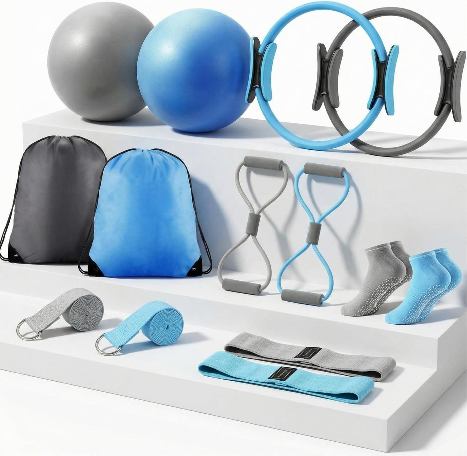 Poen Pilates Equipment Kit for Home Workout Pilates Ring and Ball Set for Women 12” Circle Yoga Fitness Essentials Kit with Resistance Bands, Yoga Strap, Socks,Bag