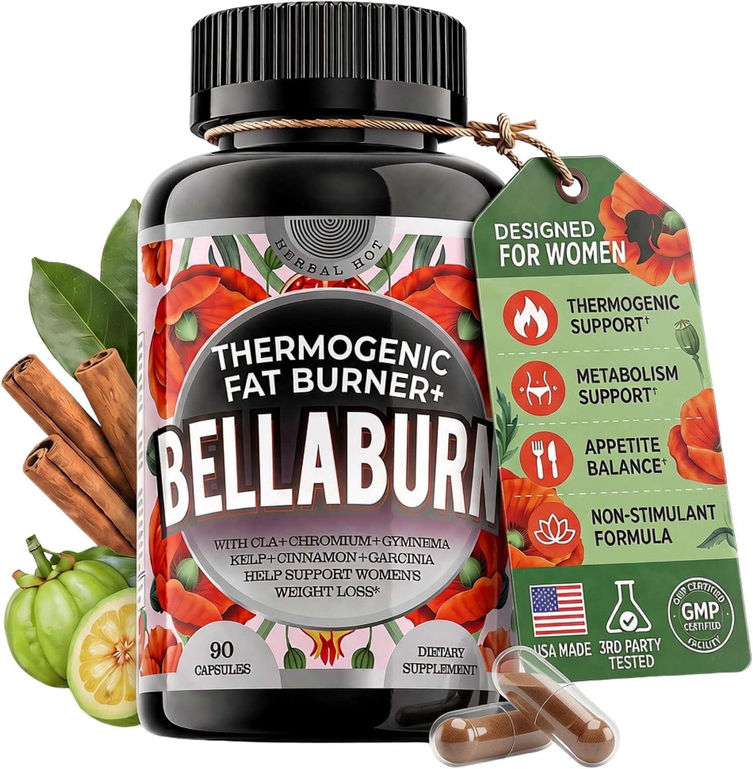 Thermogenic Fat Burner for Women | Belly Fat Burner, Metabolism, Appetite Suppressant, Bloating Support Supplement | CLA, Chromium, Garcinia, Cinnamon | USA Made, 3rd Party Tested | 90 Capsules