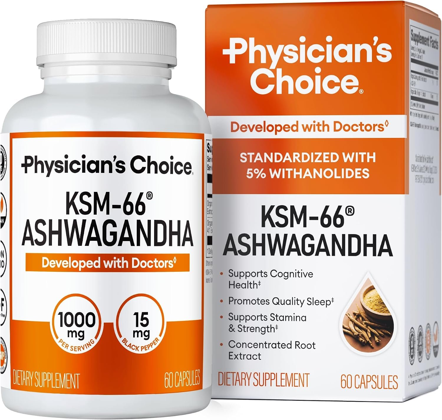 Physician’s CHOICE KSM-66 Ashwagandha Root Extract 1,000mg, Organic, 60ct | Stress, Mood & Athletic Support, 5% Withanolides with Black Pepper Extract for Maximum Absorption, Vegan