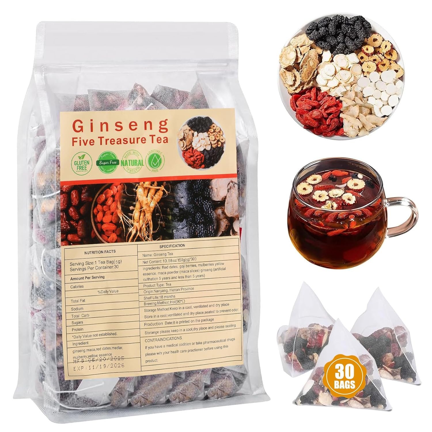 Kidney Tea 30 Bags Ginseng Six Treasure Tea Formula Traditional Chinese Herbal Kidney Cleanse Detox Repair for Women & Men
