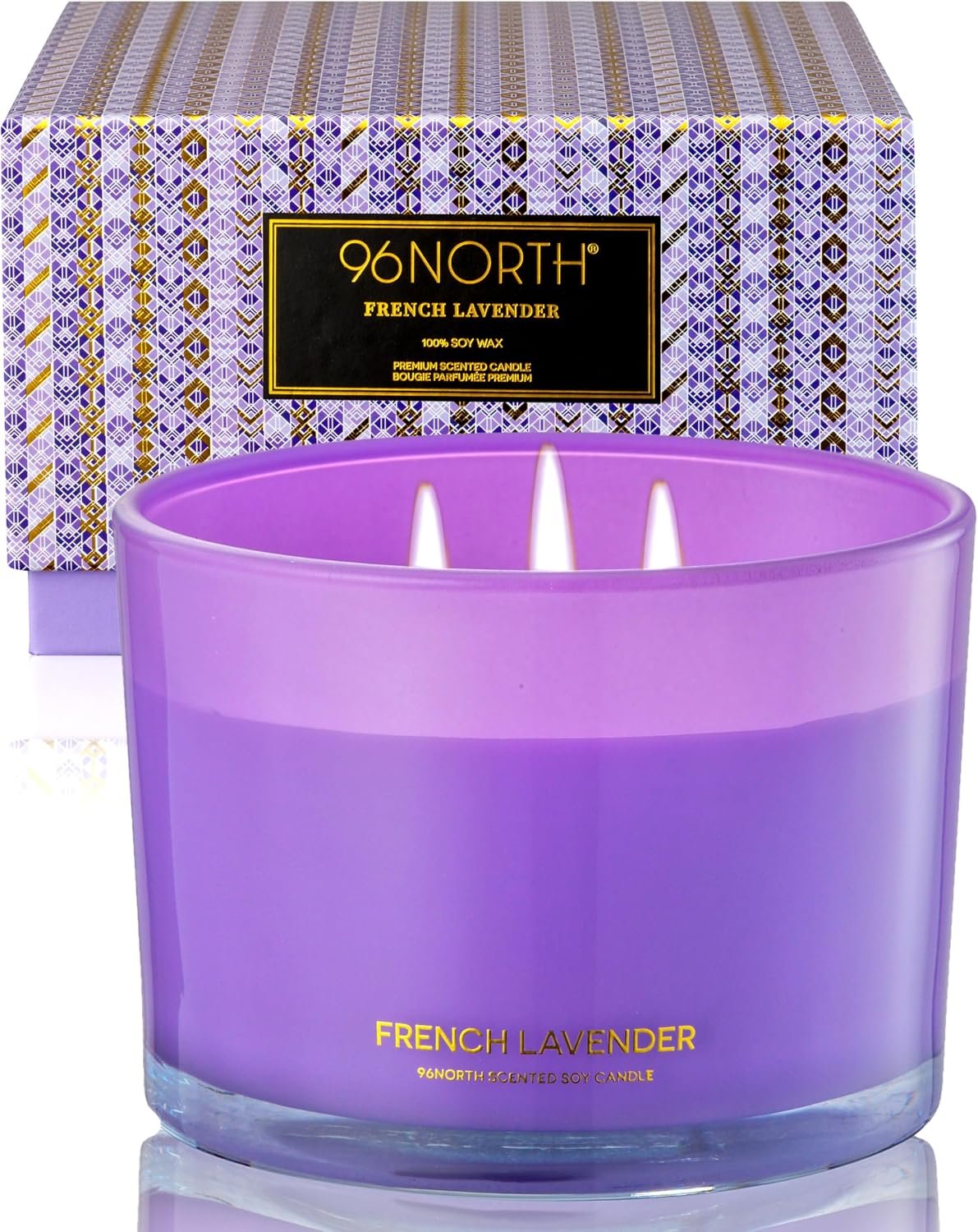 96NORTH Luxury Lavender Soy Candle | Large 3 Wick Jar Candle | Up to 50 Hours Burning Time | 100% Natural Soy Wax | Relaxing Aromatherapy Aesthetic Candle | Housewarming Gift for Women and Men