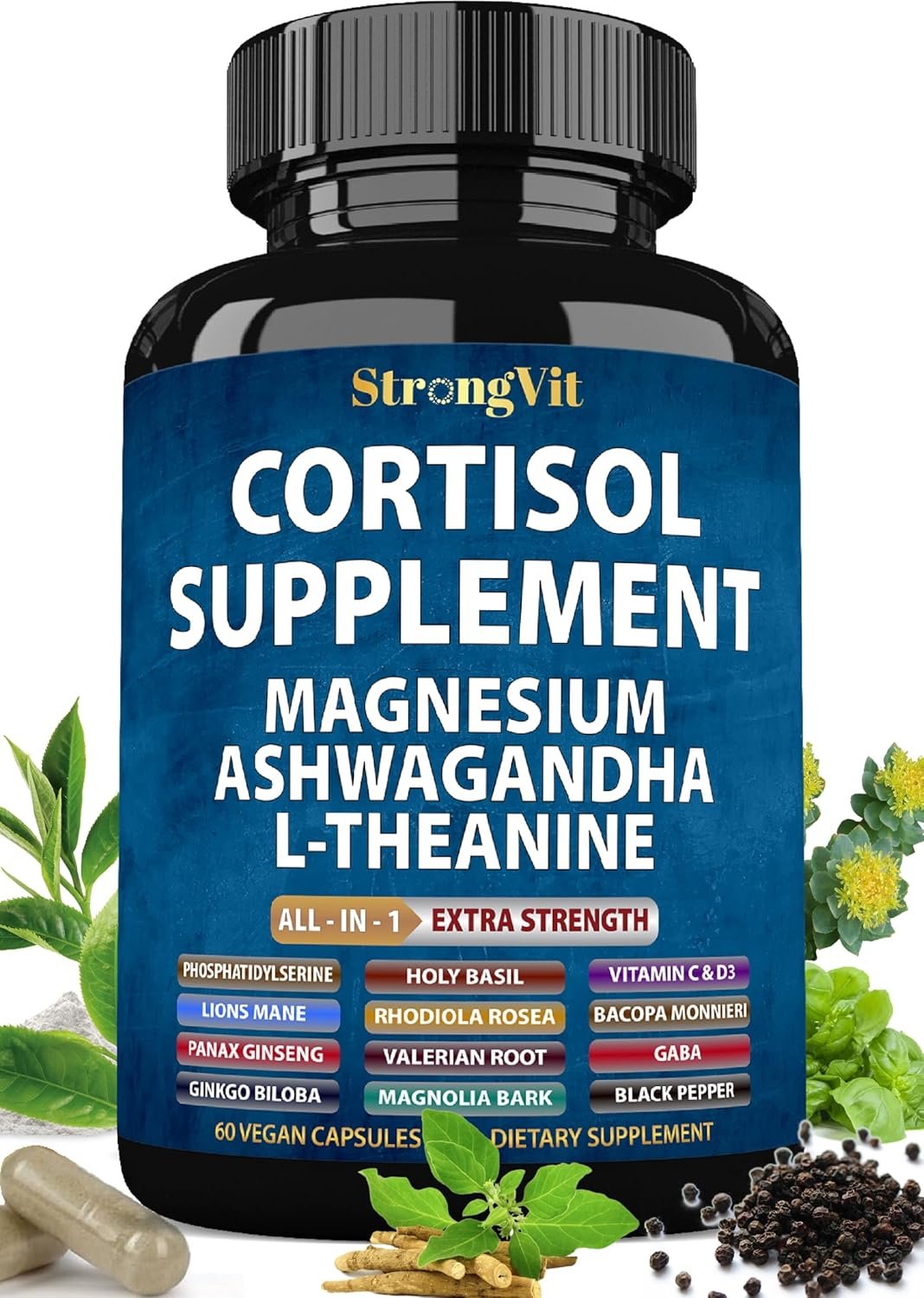 StrongVit Cortisol Supplements for Women and Men with Magnesium, Ashwagandha & L-Theanine. High Cortisol Reducer, Manager, Detox, Lower and Control. Sleep Support & Stress Relief, USA