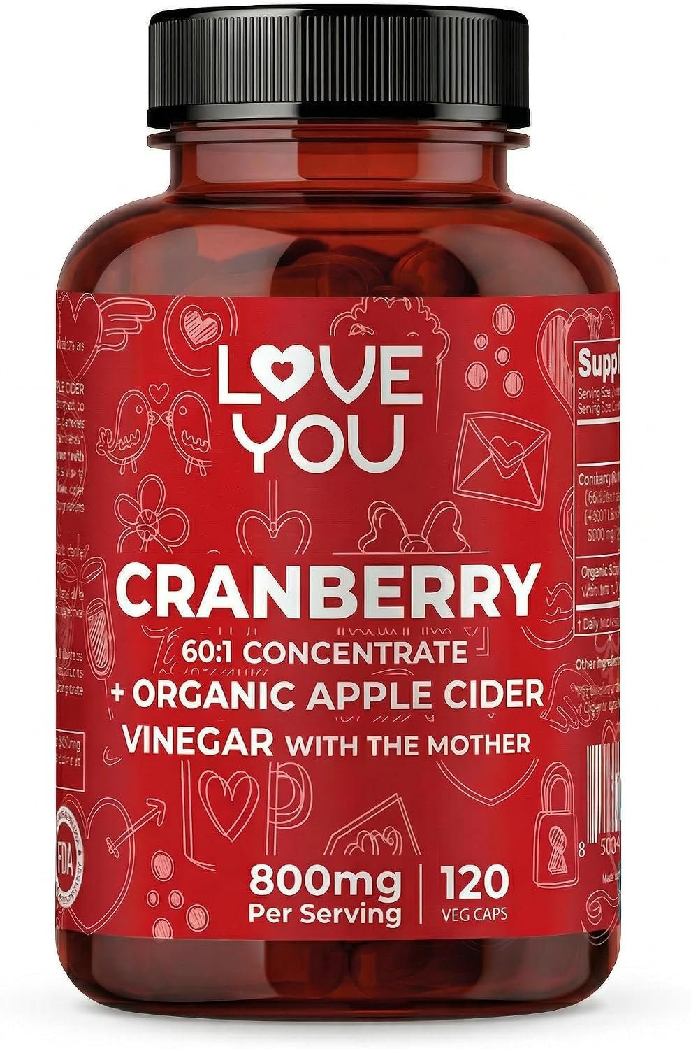Love You Cranberry 60:1 Extract + Organic Apple Cider Vinegar – Urinary Tract & Digestive Support -120 Vegan Capsules