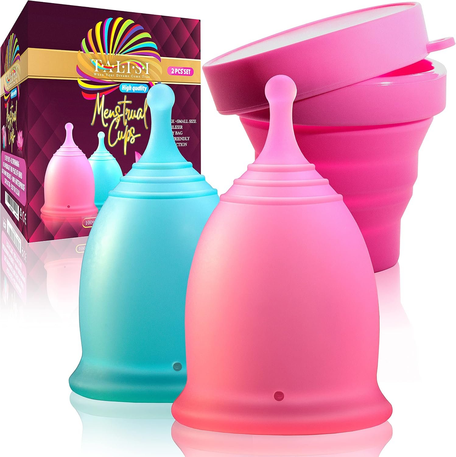 Talisi Menstrual Cups Set of 2 with Collapsible Silicone Foldable Sterilizing Cup – Tampon and Pad Alternative – Feminine Menstruation Soft Reusable Period Cup for Regular Heavy Flow with Sterilizer