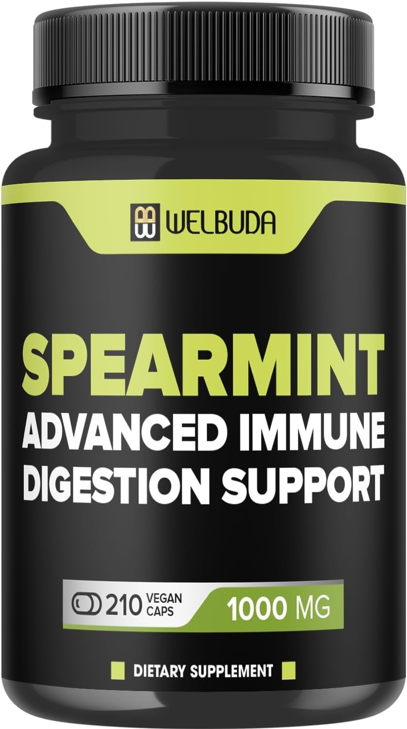 WELBUDA 210 Capsules – Spearmint Supplement with Olive Leaf, Ginger Root, Black Pepper & More – Combined Formula for Digestion Health, Respiratory Health, Immunity & Positive Mood Support