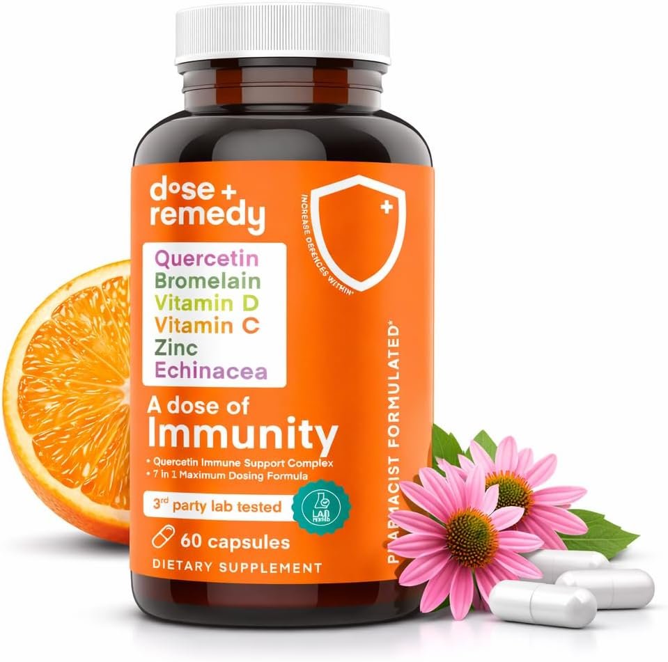 A Dose of Immunity – 7 in 1 Quercetin 500mg Supplement with Bromelain, Zinc, Vitamin C, Vitamin D & Vitamin B Complex Echinacea Immune Support Booster Supplements – 60 Count
