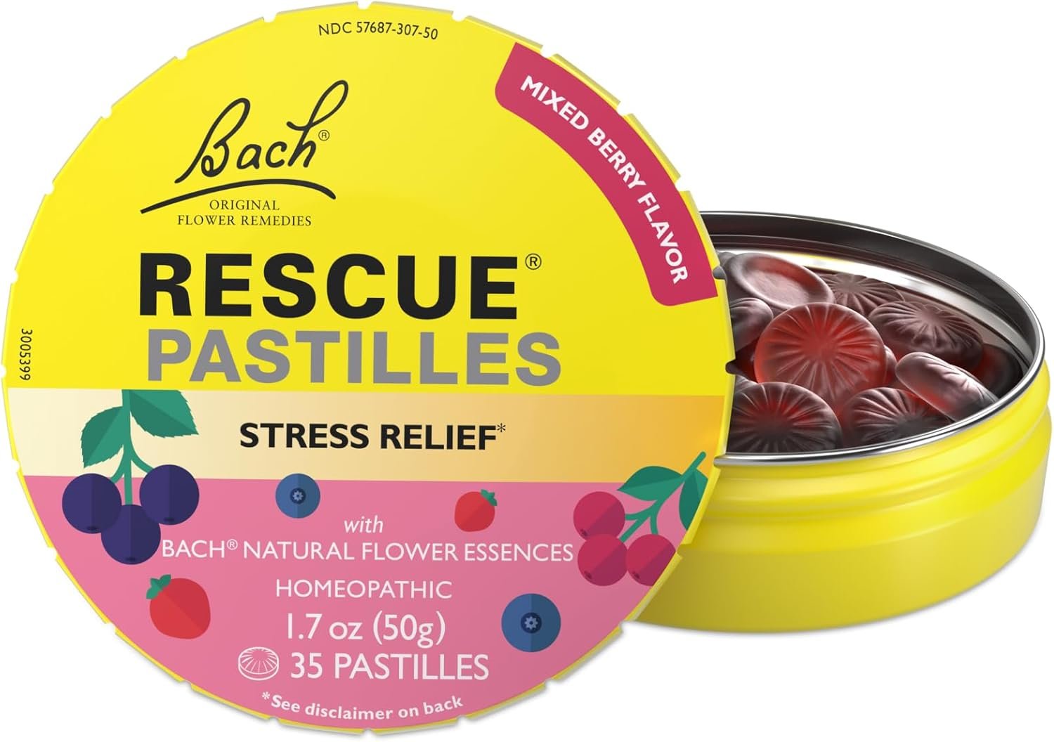 Bach RESCUE PASTILLES, Mixed Berry Flavor, Stress Relief Lozenges, Homeopathic, Flower Essences, 35 Count