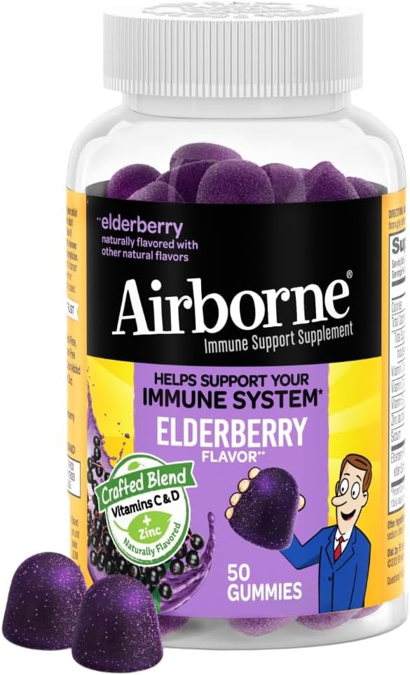 Airborne Elderberry + Zinc & Vitamin C Gummies For Adults, Immune Support Vitamin D & Zinc Gummies With Powerful Antioxidant Vitamins C D & E – 50 Gummies, Elderberry Flavor