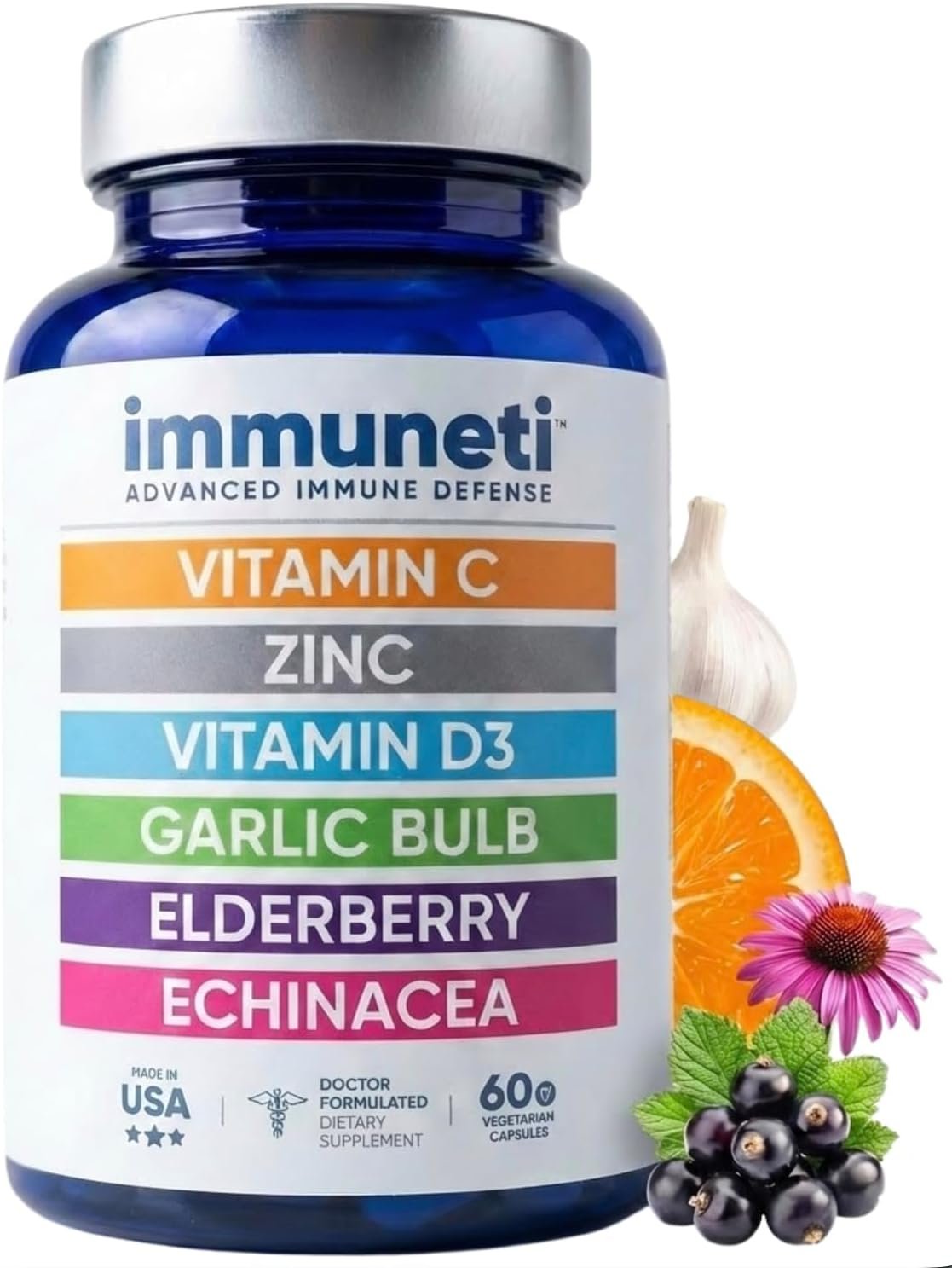 Immuneti Advanced Immune Support – Doctor Formulated 6-in-1 Daily Immunity Supplement – Made in USA – With Vitamin C, D3, Zinc, Elderberry, Garlic & Echinacea – Vital Nutrients & Antioxidants (1)