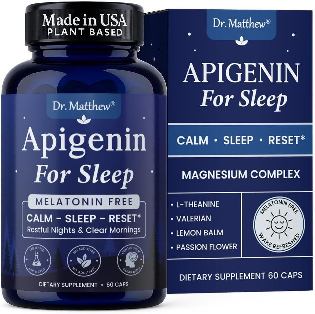 Apigenin Supplement for Sleep. Best Natural Sleep Aid Without Melatonin for Adults. With L-Theanine & Magnesium. Plant-Based Nighttime Support. Apigenina Suplemento.