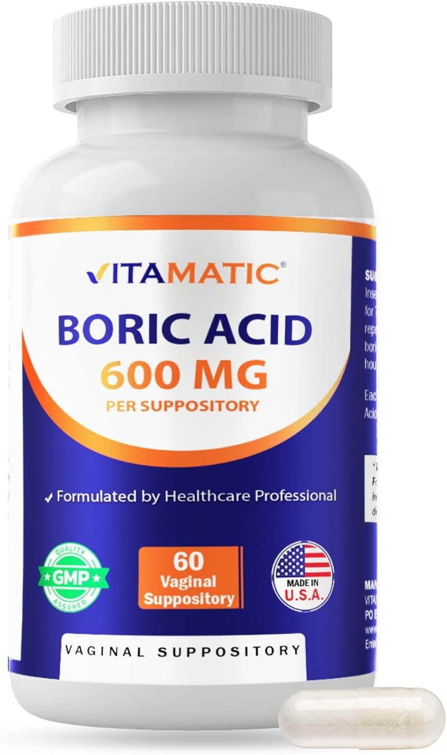 Vitamatic Boric Acid Vaginal Capsule Shell Suppositories 600 mg USP Grade Boric Acid in Vegetarian Capsule Shell – 60 Count