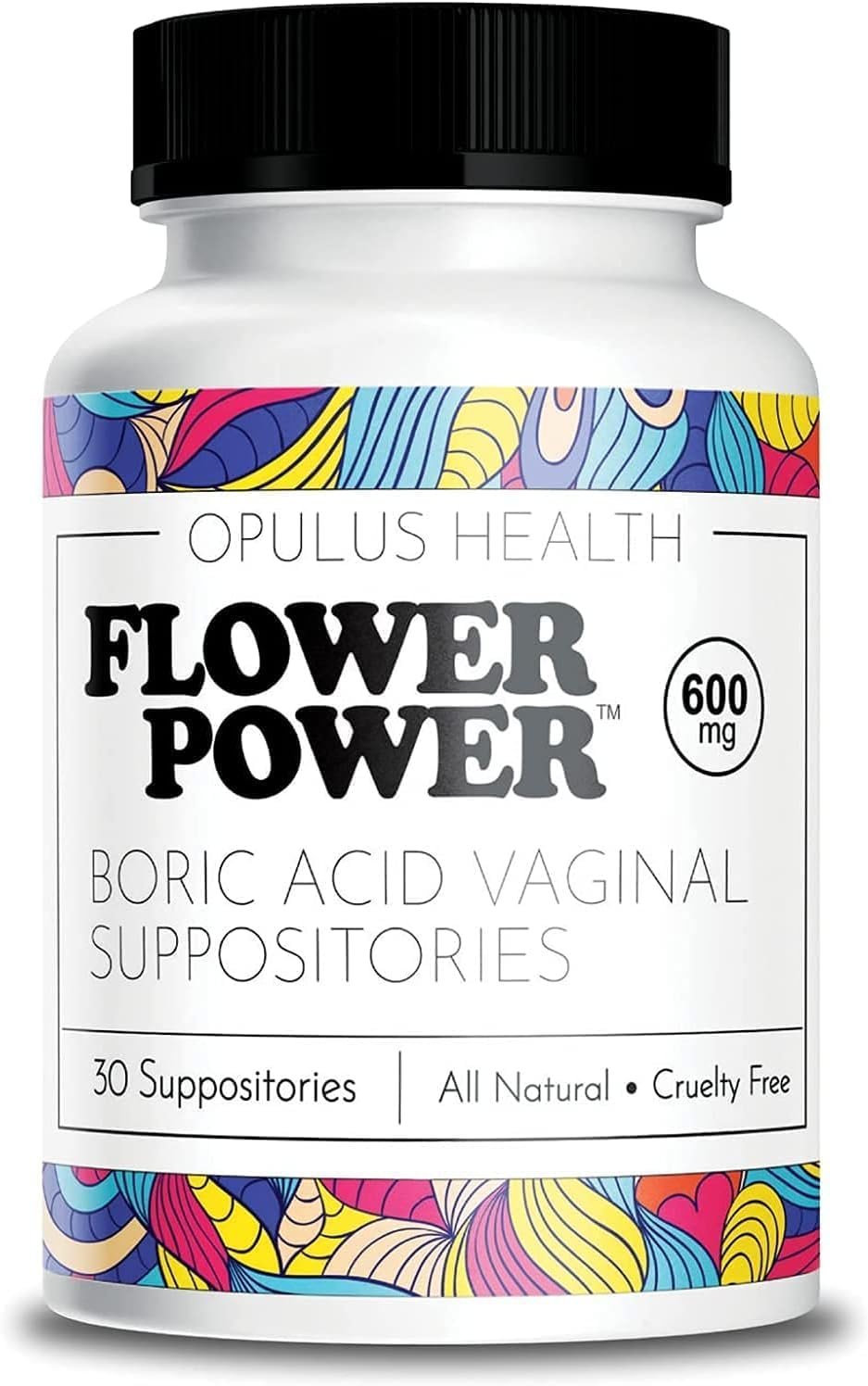 Flower Power Boric Acid Suppositories for Women – 30 Capsules – 600mg for Vaginal pH Balance & Freshness – Vegan, Made in USA