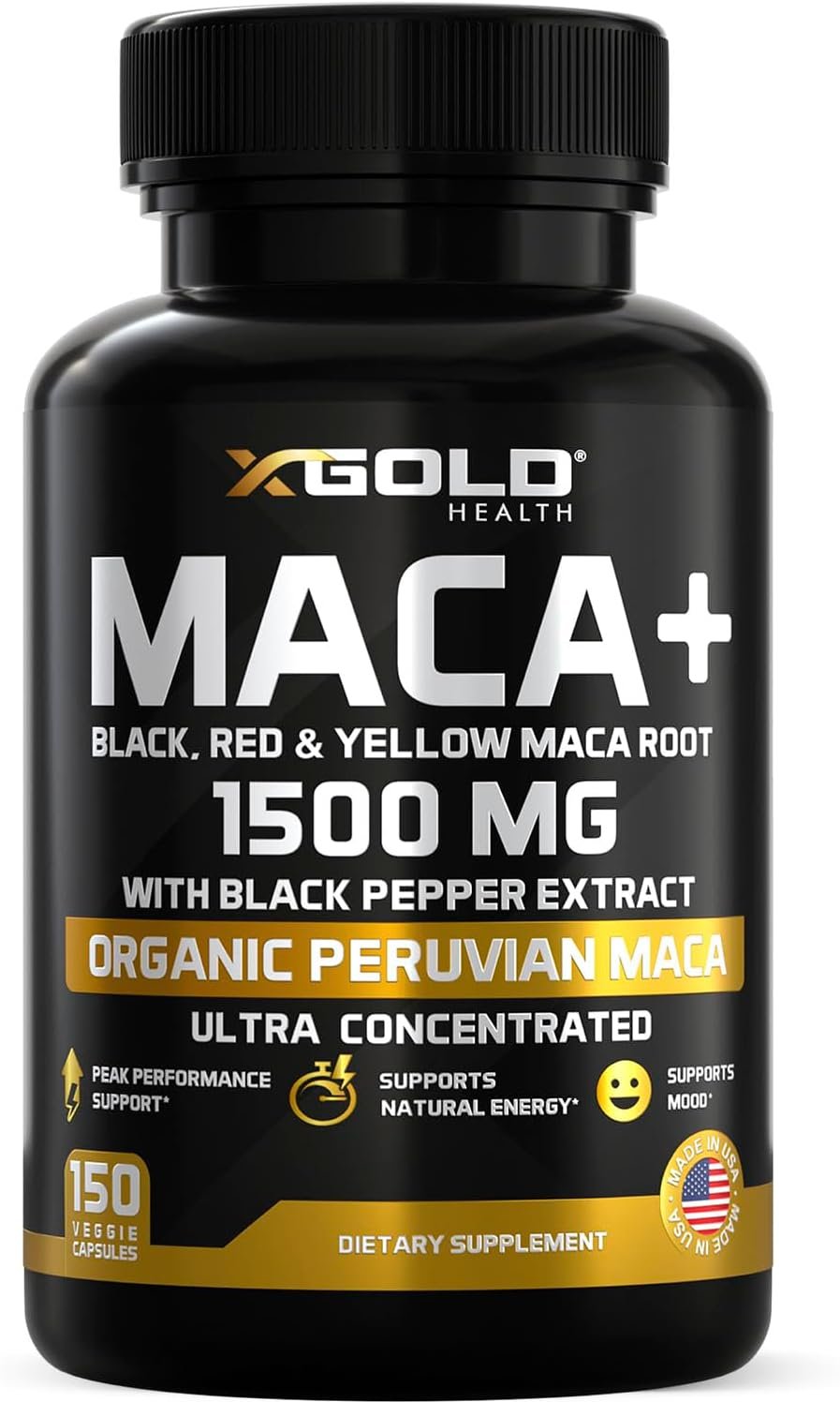X Gold Health Organic Maca Root Capsules 1500mg – Peruvian Black, Red & Yellow Maca – Energy, Stamina, Libido & Hormone Balance Support for Men & Women – Vegan, Non-GMO – 150 Veggie Capsules