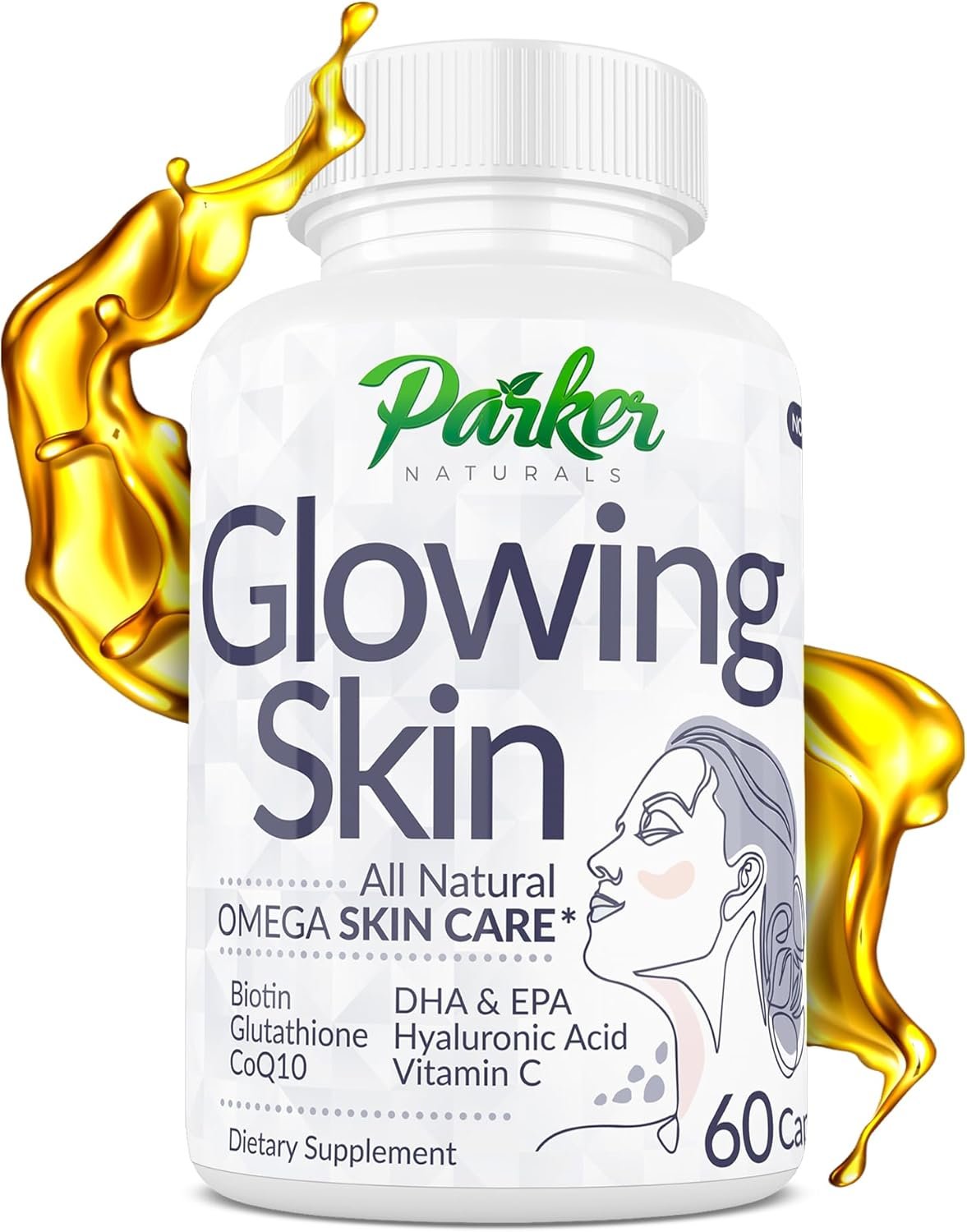 Parker Naturals Glowing Skin Supplement – Biotin, Glutathione, Hyaluronic Acid, DHA/EPA Omega 3 Fish Oil, CoQ10, Vitamin C, All Natural Skin Care Supplement, 60 Caps