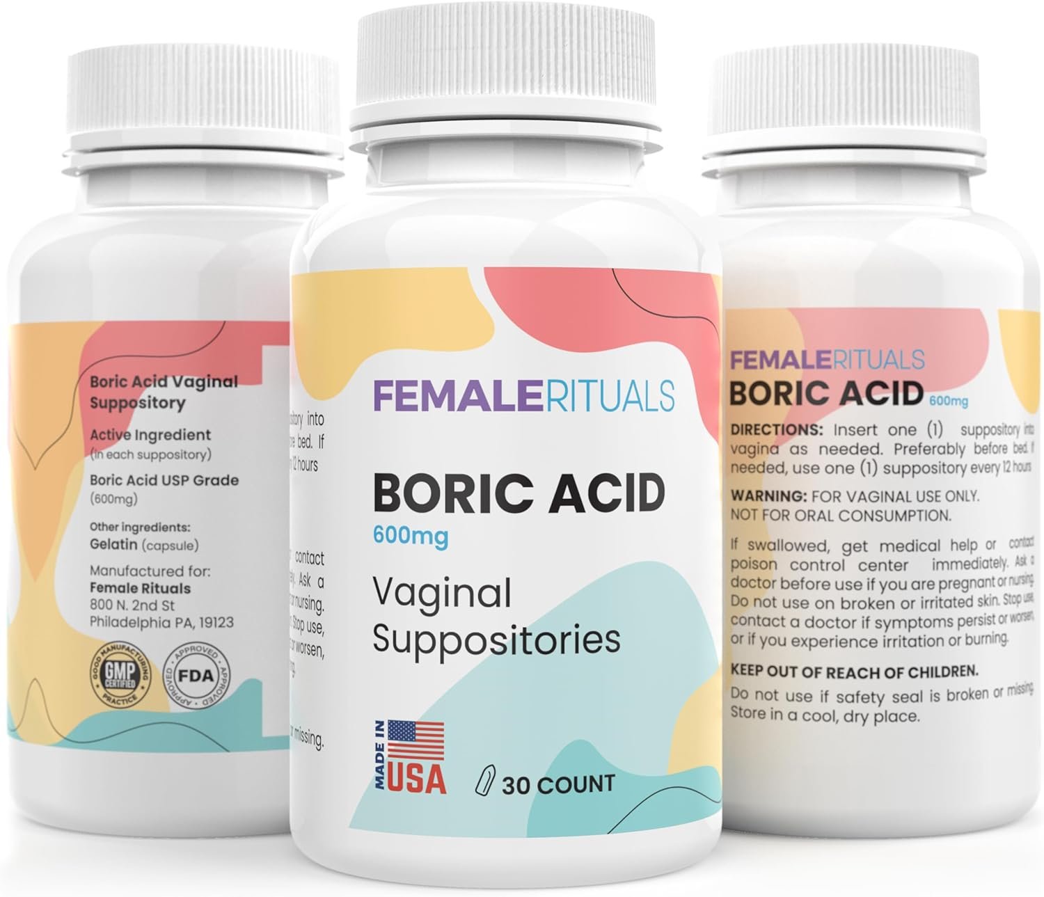 FEMALE RITUALS Boric Acid Suppositories for Women 600mg 30 Pack – Vaginal Suppository for Odor Control, Ph Balance & Vaginal Intimate Health Solution for Women