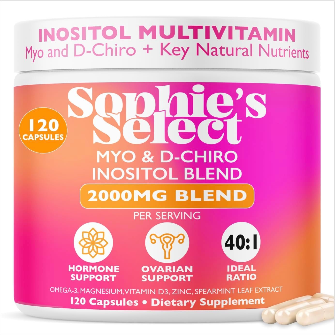 Myo-Inositol & D-Chiro Inositol 2000 mg per Serving – Inositol Supplement for Women 40:1 Formula with Spearmint, Vitamin D3, Zinc & Magnesium – Hormone Balance, Ovarian Support – 120 Capsules 1 Pack