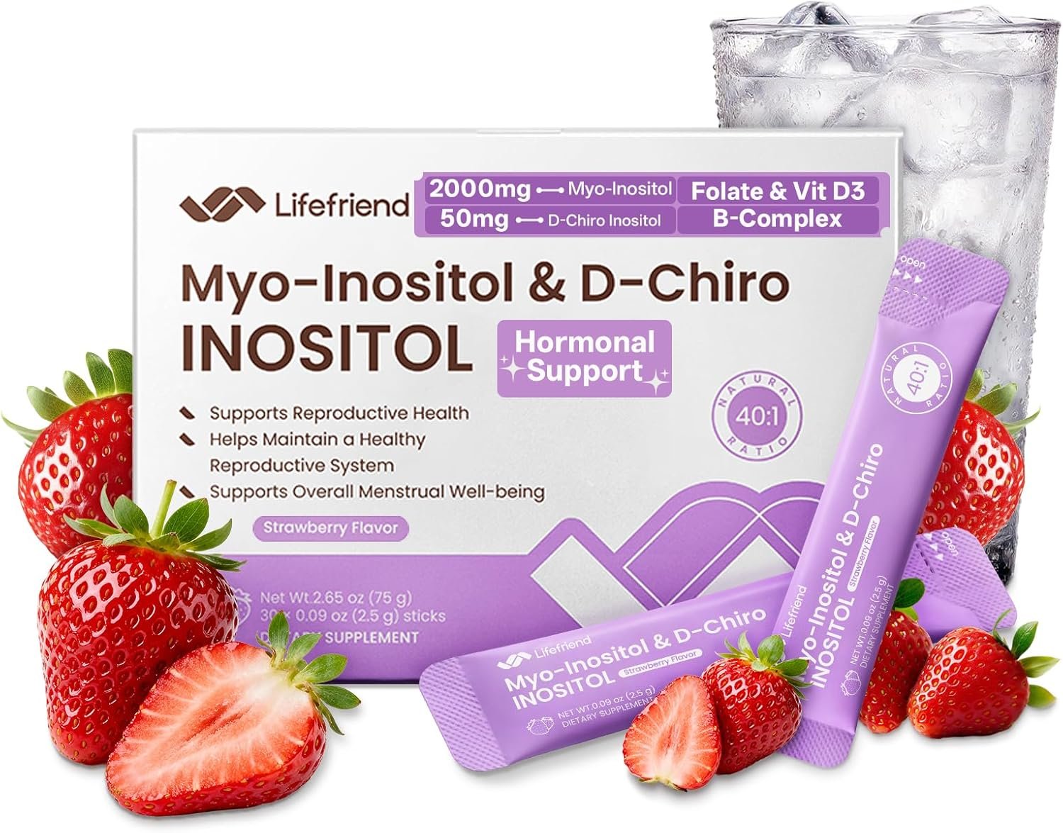 Myo-Inositol & D-Chiro Inositol Powder 40:1 – Inositol Supplement for Women, PCOS & Hormonal Balance Support – Folate, D3-30 Strawberry Stick Packs
