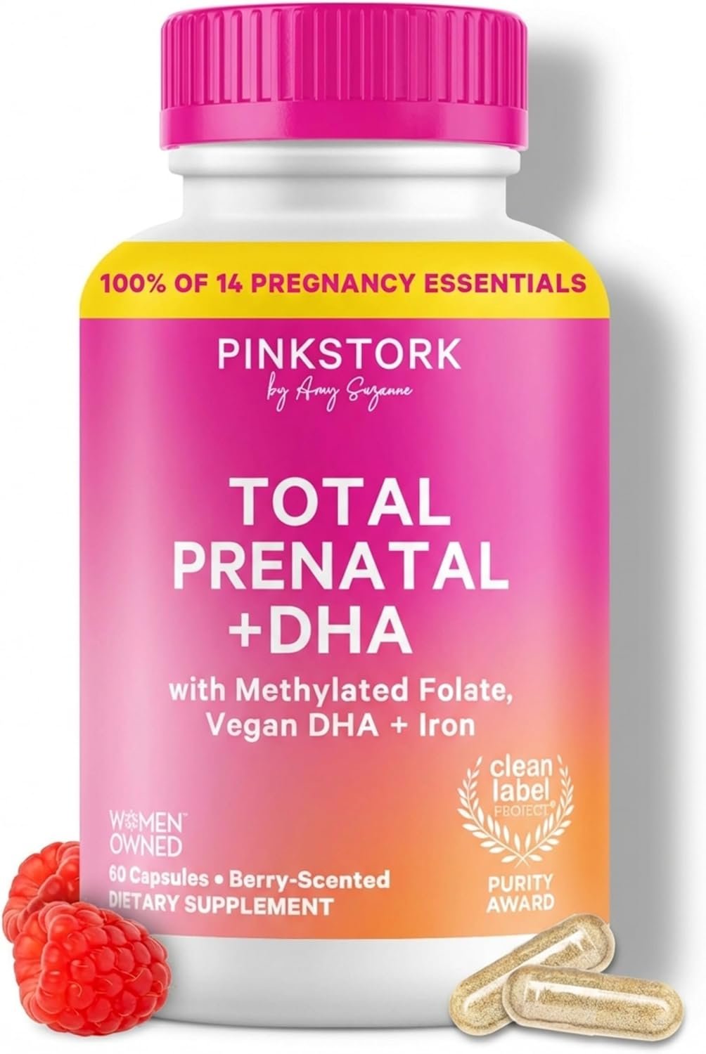 Pink Stork Total Prenatal Vitamins | DHA, Folate, Iron, Choline, Vitamin B12 | Prenatals for Women to Support Fetal Development | Pregnancy Essentials | Clean Label Award Winner | 60 Capsules, Berry