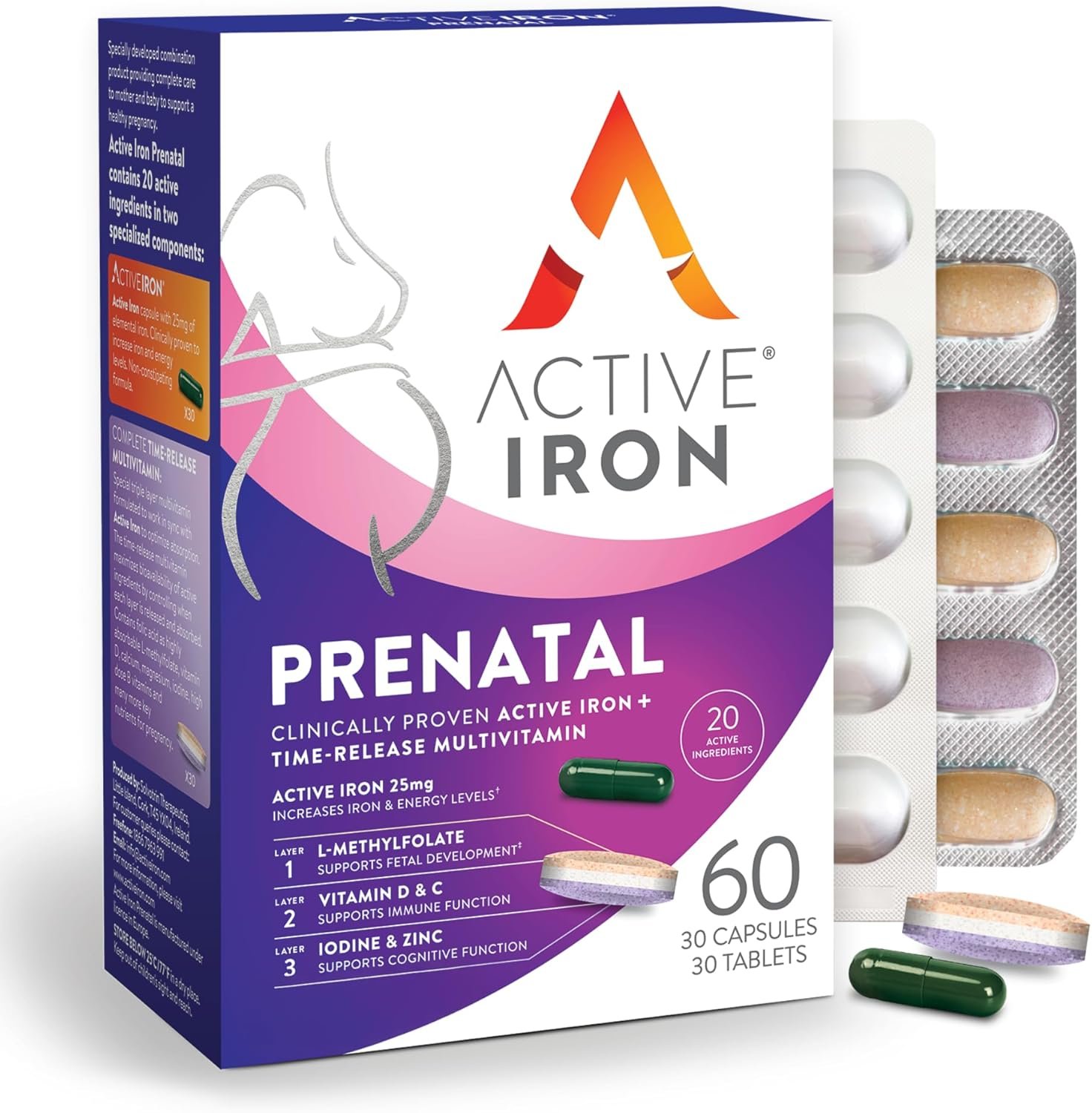 Active Iron Supplement 25mg + Prenatal Multivitamin, Clinically Proven to Increase Iron & Reduce Tiredness, Maximum Absorption, Gentle, Non-Constipating, 30 Capsules + 30 Time Release Tablets