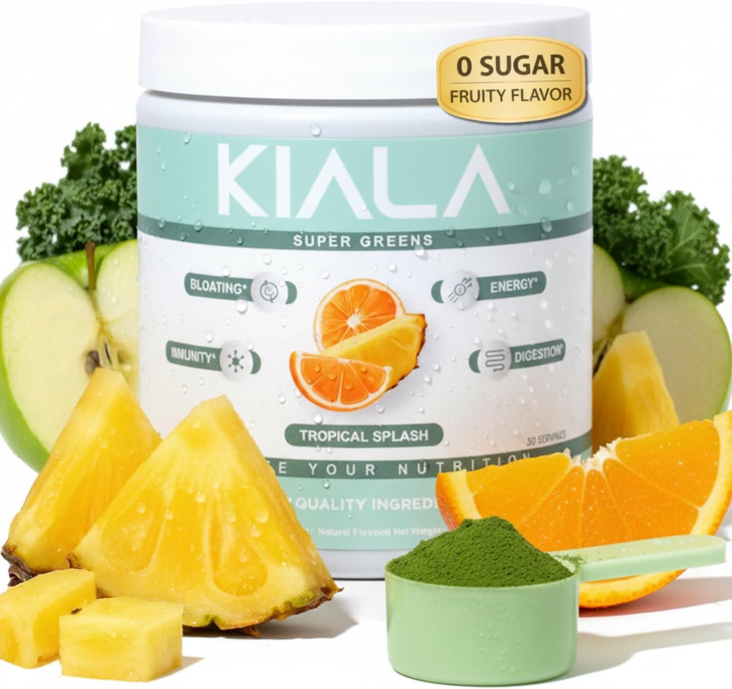 Kiala Nutrition Super Greens, Organic Greens Powder with Spirulina & Chlorella for Digestion, Gut Health, Immunity, Adaptogens, Energy, Gluten Free, Vegan, Sugar Free, Tropical Splash, 30 Servings