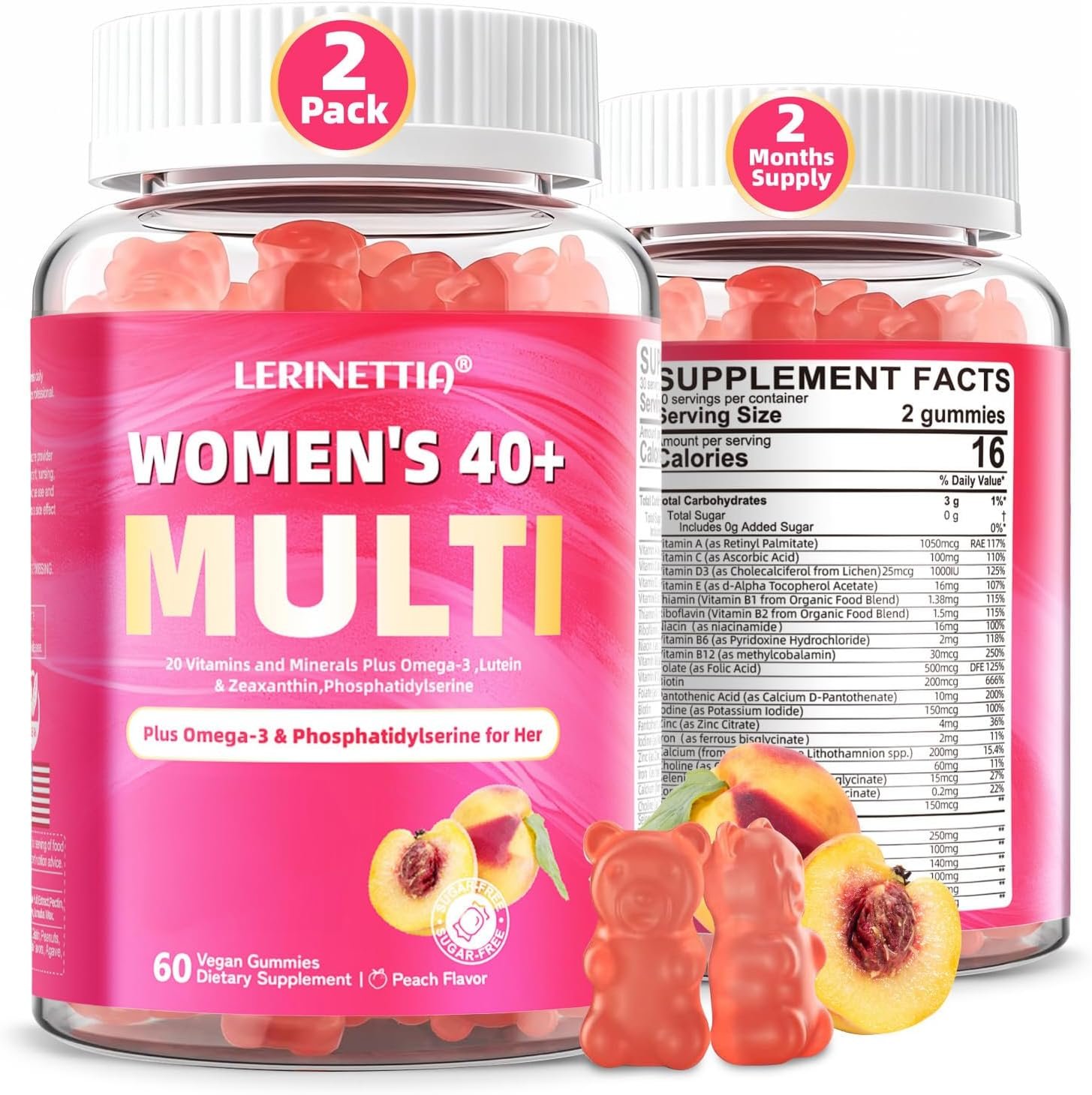 Multivitamin for Women Gummies for 40+ with Omega-3, Niacinamide, B-Complex, Lutein, Iron, Choline, Phosphatidylserine, Vitamin D3 for Skin, Hair, Energy, Immune, Bone – Vegan, Sugar Free, 120Cts