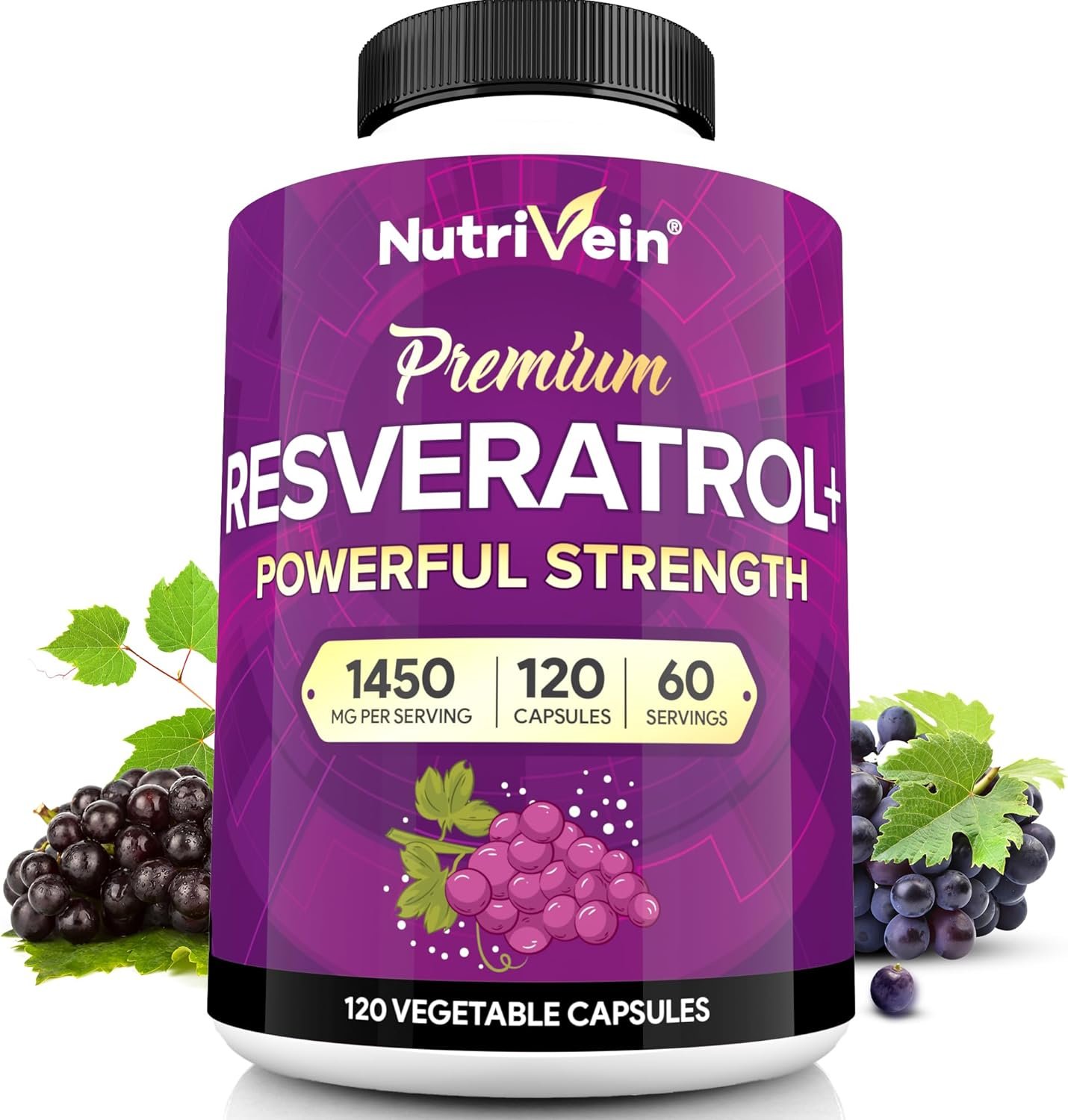 Nutrivein Premium Resveratrol 1450mg – 120 Caps: Pure Trans Resveratrol Supplement Enhanced with Green Tea Leaf & Acai Berry – Aging, Defenses, Brain, Heart, and Joint Support