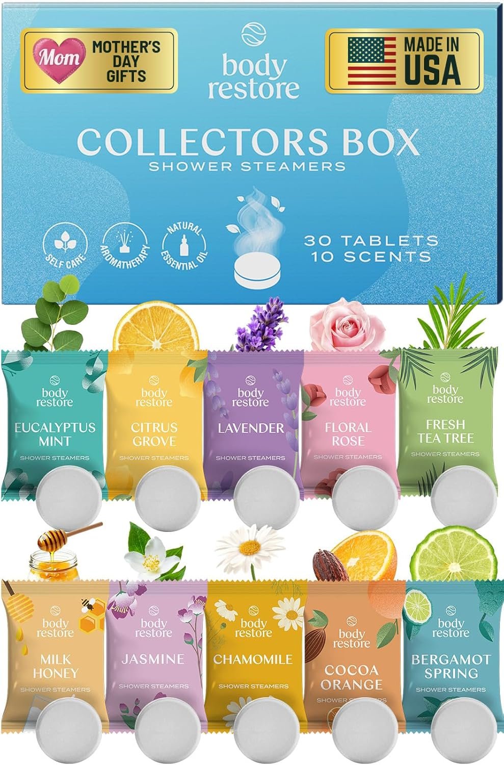 Body Restore Shower Steamers Aromatherapy 30 Pack – Mothers Day Gifts for Mom, Birthday Gifts for Women and Men, Relaxation Stress Relief Self Care – Collectors Box