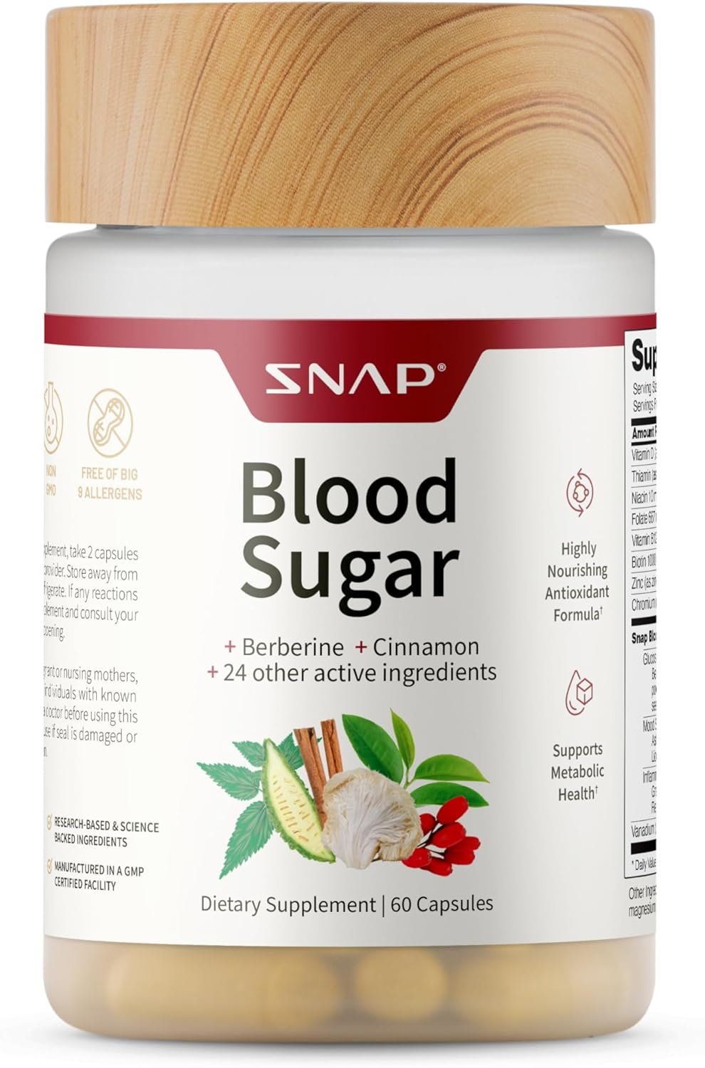 Snap Supplements Blood Sugar Blend with Berberine, CoQ10, Cinnamon, and Gymnema to Support Already Healthy Blood Sugar, Metabolic Health and Energy, Sugar Free, 60 Capsules (Packaging May Vary)