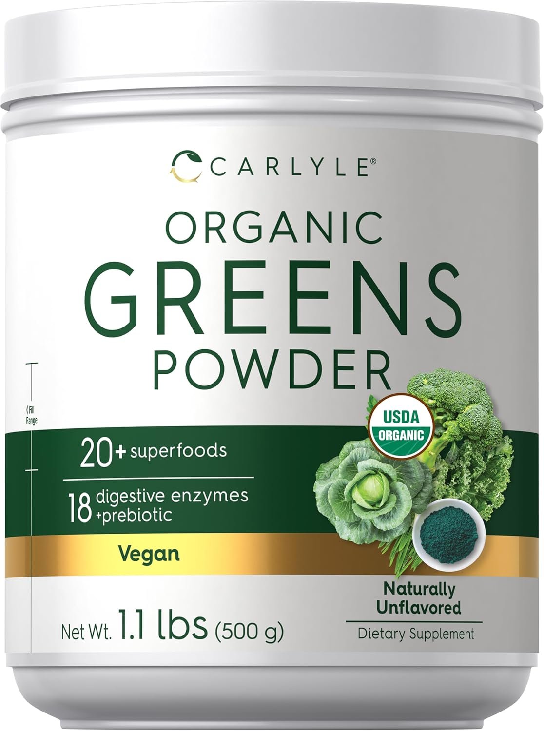 Carlyle Organic Greens Powder | 17.6 oz Supplement | Relieves Occasional Gas, discomfort & Bloating | with 20+ Superfoods, 18 Digestive Enzymes, and Prebiotics | Vegan, Non-GMO and Gluten Free