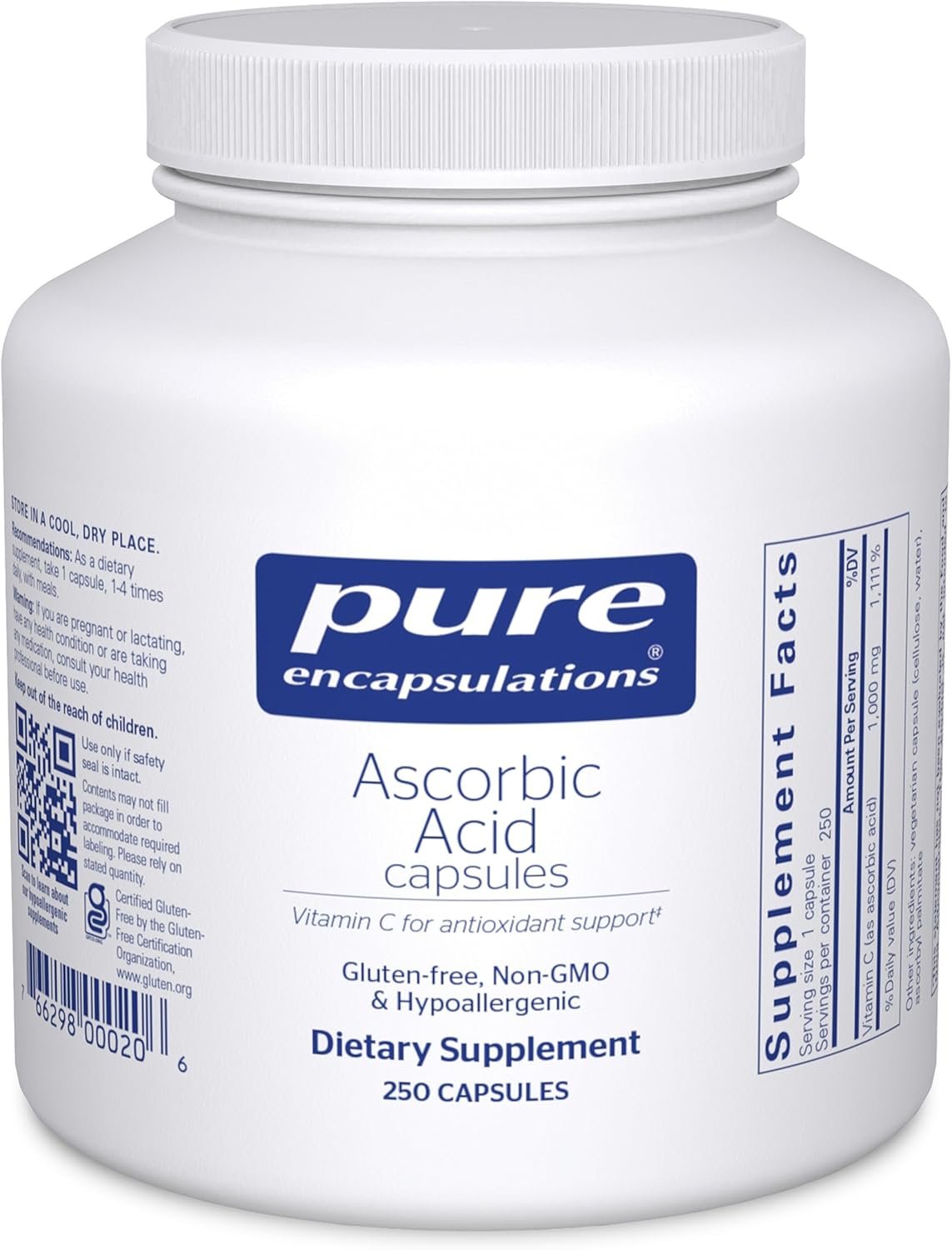 Pure Encapsulations Ascorbic Acid Capsules – 1,000 mg Vitamin C – Antioxidant & Immune Support* – High-Potency Vitamin C – Vegan & Non-GMO – 250 Capsules