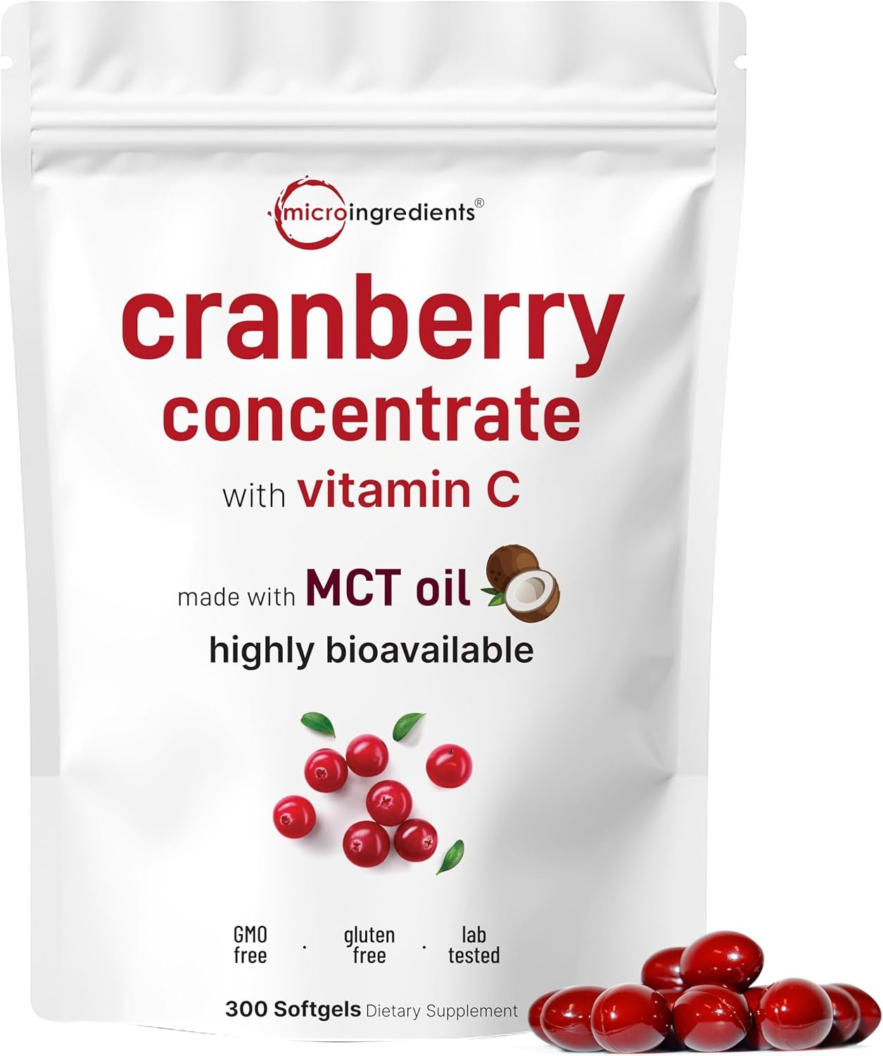 Micro Ingredients Cranberry Supplement for Women | 300 Softgels with Vitamin C & MCT Oil | Cranberry Pills for Women Support Urinary Tract Health