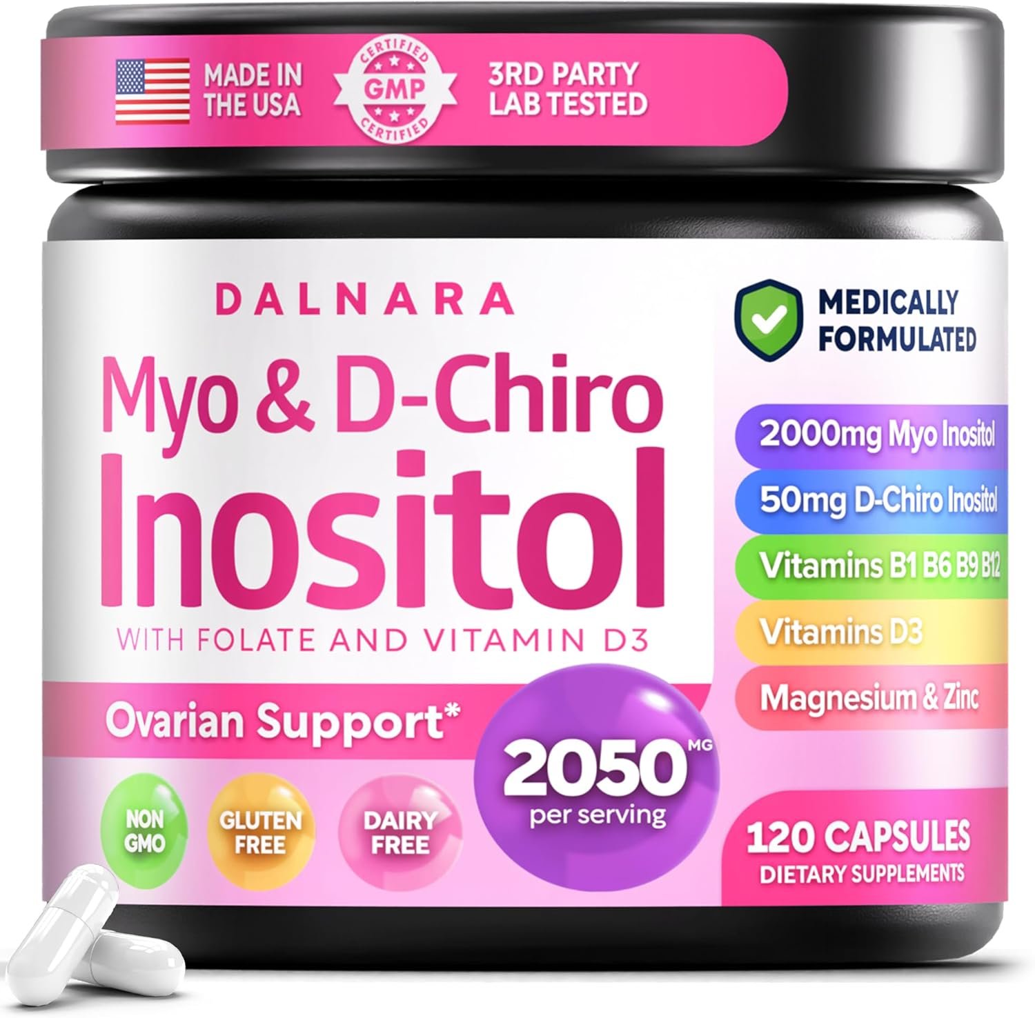 Myo-Inositol & D-Chiro Inositol Supplement for Women – 40:1 Ratio Inositol Capsules with Folate, Vitamin D3, Magnesium & Zinc – Ovarian Support Inositol Multivitamin – 2050mg, 120 Count