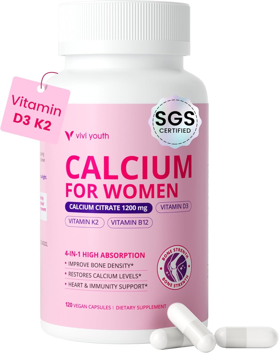 Calcium Supplements for Women – 4-In-1 Calcium Citrate 1200 mg with Vitamin D3 K2, B12 – High Absorption Calcium Citrate & Carbonate for Bone Density & Strength, Non-GMO, 120 Vegan Capsules