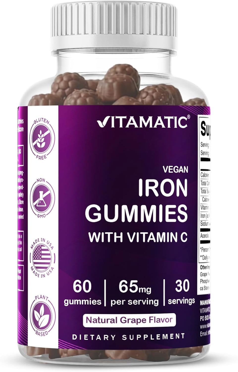 Vitamatic Iron 65 mg Gummies Supplement for Women & Men – 60 Vegan Gummies – Great Tasting Iron Gummy Vitamins with Vitamin C (1)