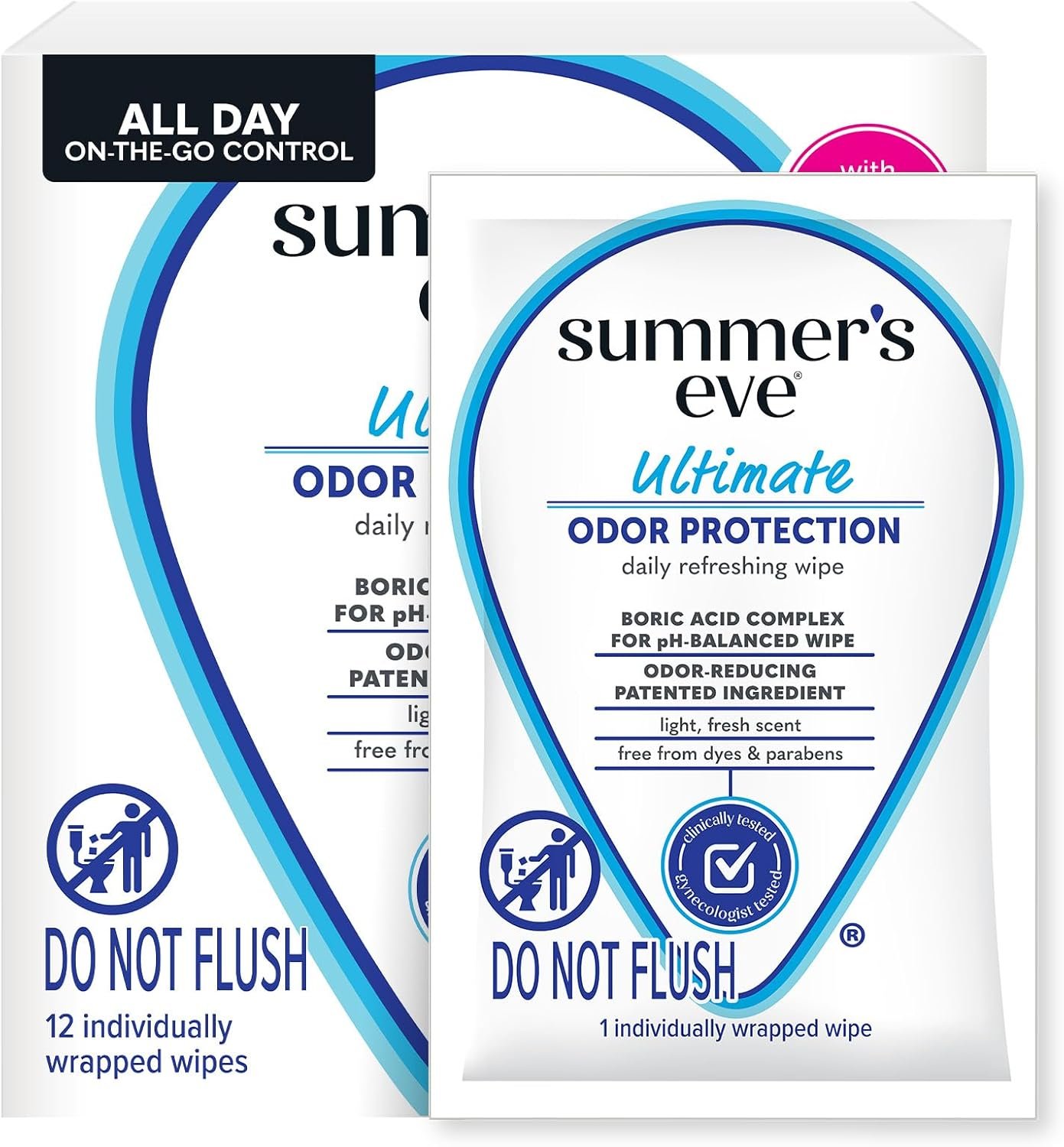 Summer’s Eve Ultimate Odor Protection Daily Feminine Wipes, Gentle pH-Balanced Formula with Boric Acid Cleanses & Removes Vaginal Odor, Individually Wrapped Body Wipes, 12 Count