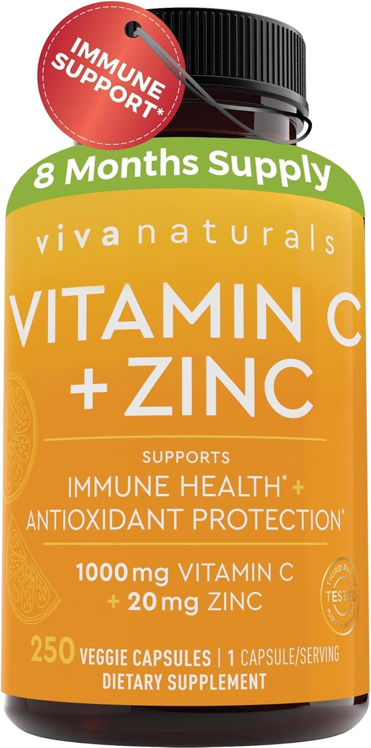Viva Naturals Vitamin C and Zinc Supplements 1000mg – Zinc 20mg (250 Veggie Capsules) – High-Potency & Vitamin C with Zinc for Immune Support – Non-GMO, Gluten Free (8 Months Supply)