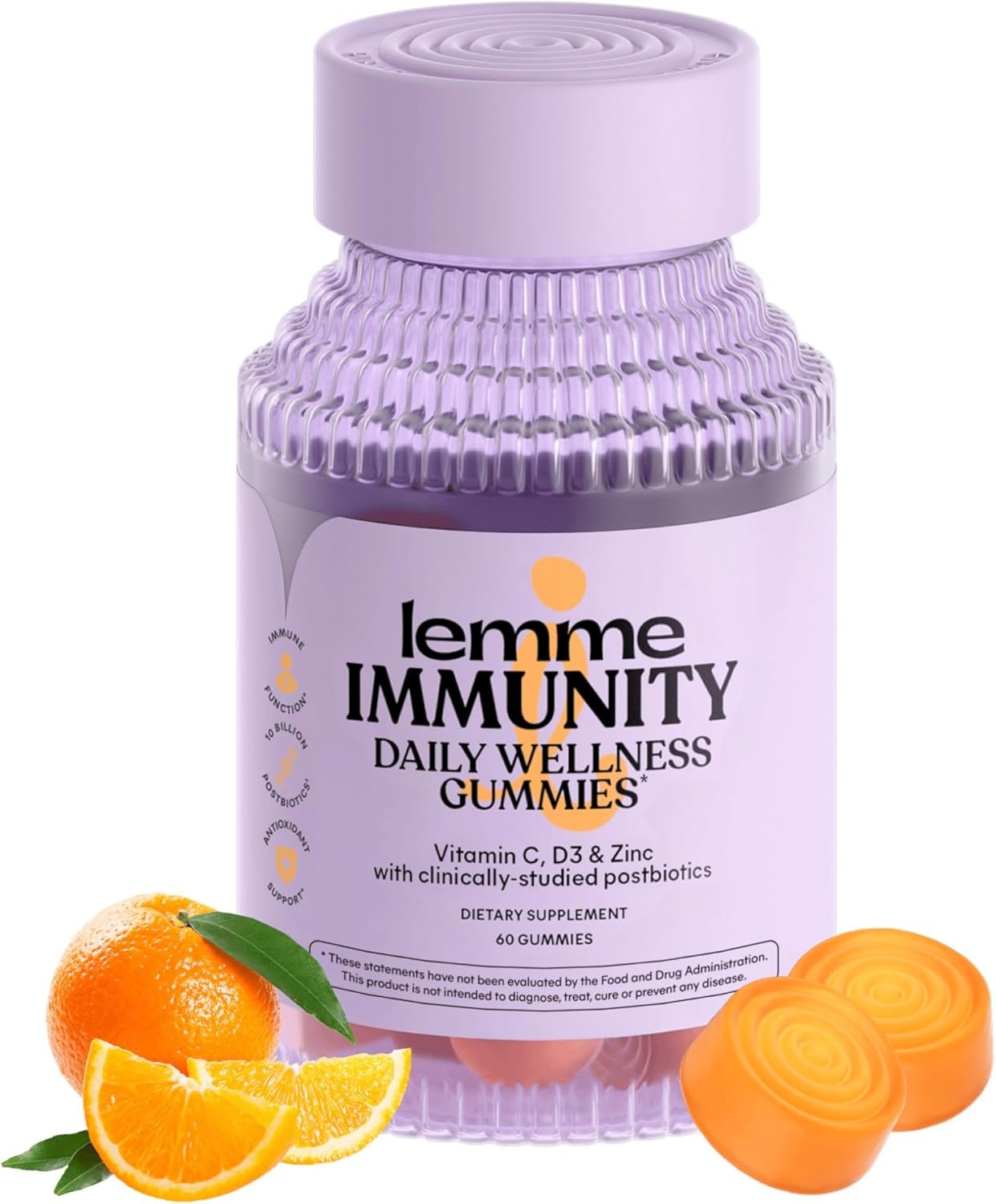 Lemme Immunity Postbiotic Gummies with Vitamin C, Vitamin D (2000 IU), Zinc, 10 Billion Postbiotic Cells, Astragalus for Immune Support – Vegetarian, Gluten Free, Sweet Orange (60 Count)