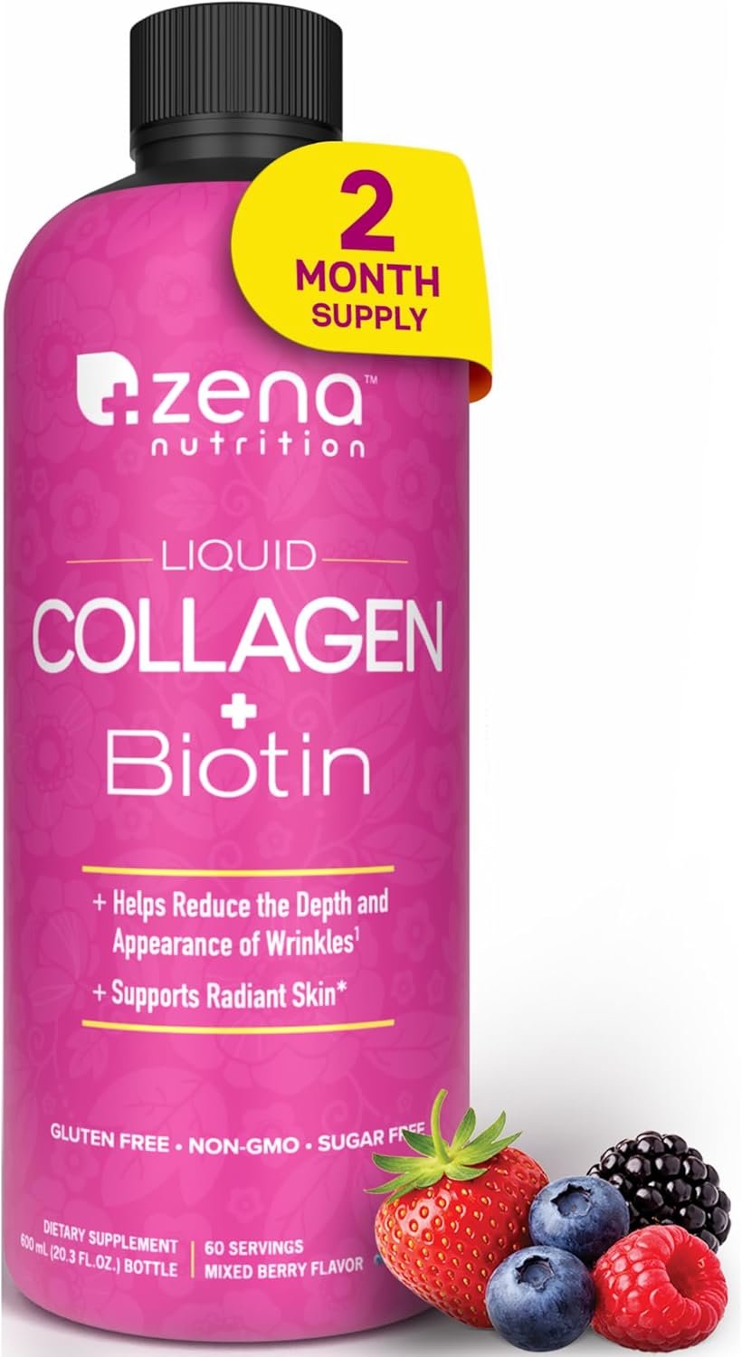Zena Nutrition Liquid Collagen Peptides and Biotin, 2500mg Verisol Bioactive Collagen Peptides, 5000mcg Biotin, Hair, Skin, Nail Supplement for Women and Men, Mixed Berry, 60 Servings, 20 fl oz