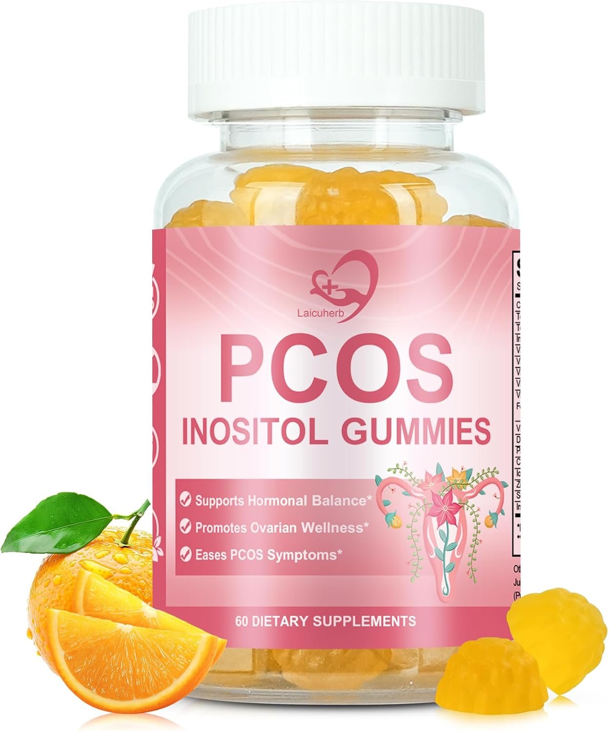 PCOS Inositol Gummies for Ovarian & Hormonal Balance, 60 Count PCOS Gummies with Myo-Inositol, Folate & Zinc Helps Menstrual Cycle, Orange Flavor Ovulation Gummy for Wellness Ovulation & Fertility