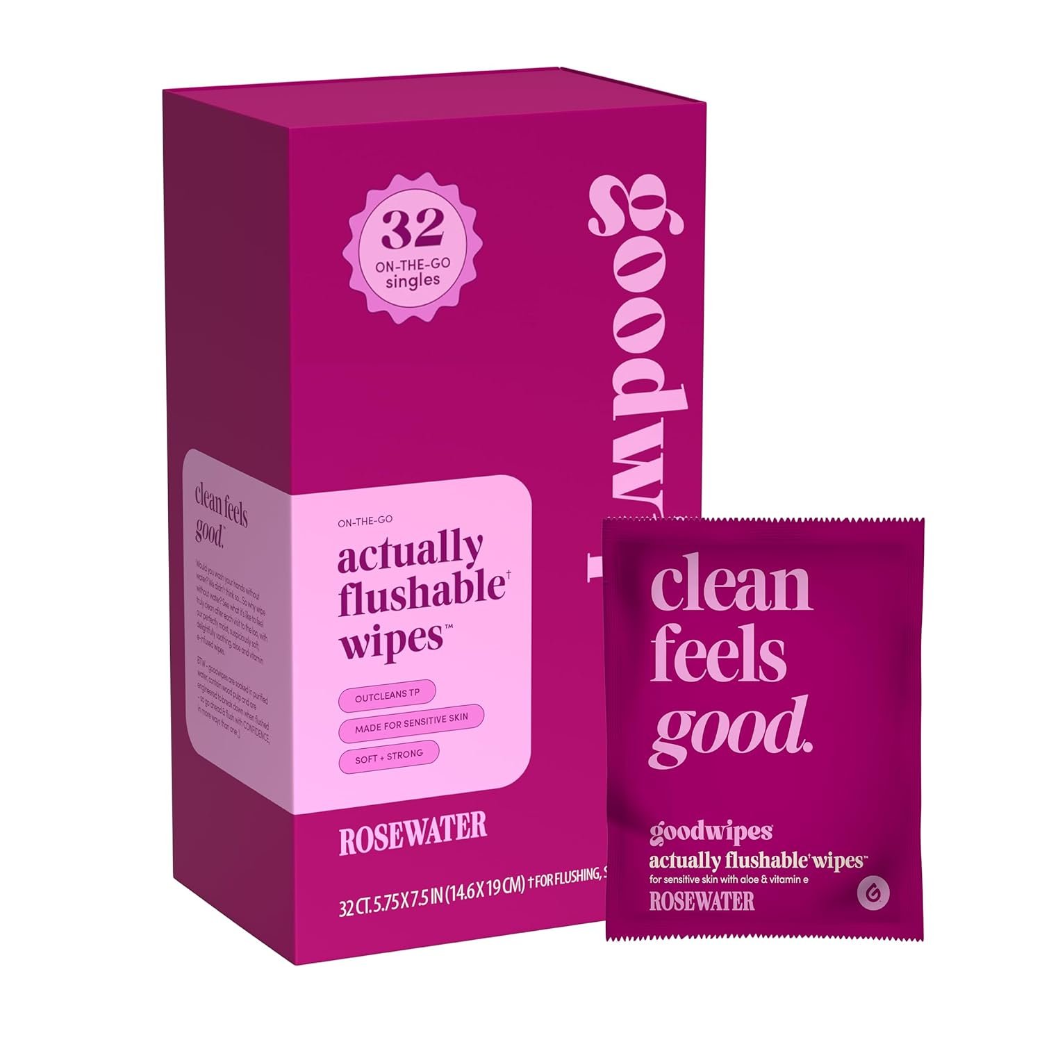 goodwipes Flushable Wipes – Individually Wrapped Butt Wipe for On-the-Go Adults – Portable Mini Wipes – Travel Essentials – Sewer & Septic Safe – Rosewater, 32 Count (1 Pack)