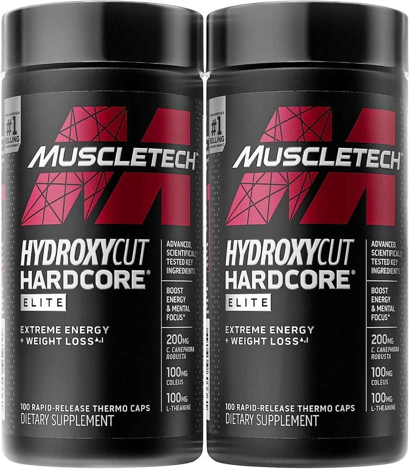 Hydroxycut Hardcore Elite – 100 Rapid-Release Thermo Caps – Energy & Focus – for Men & Women – 50 Servings (Pack of 2)