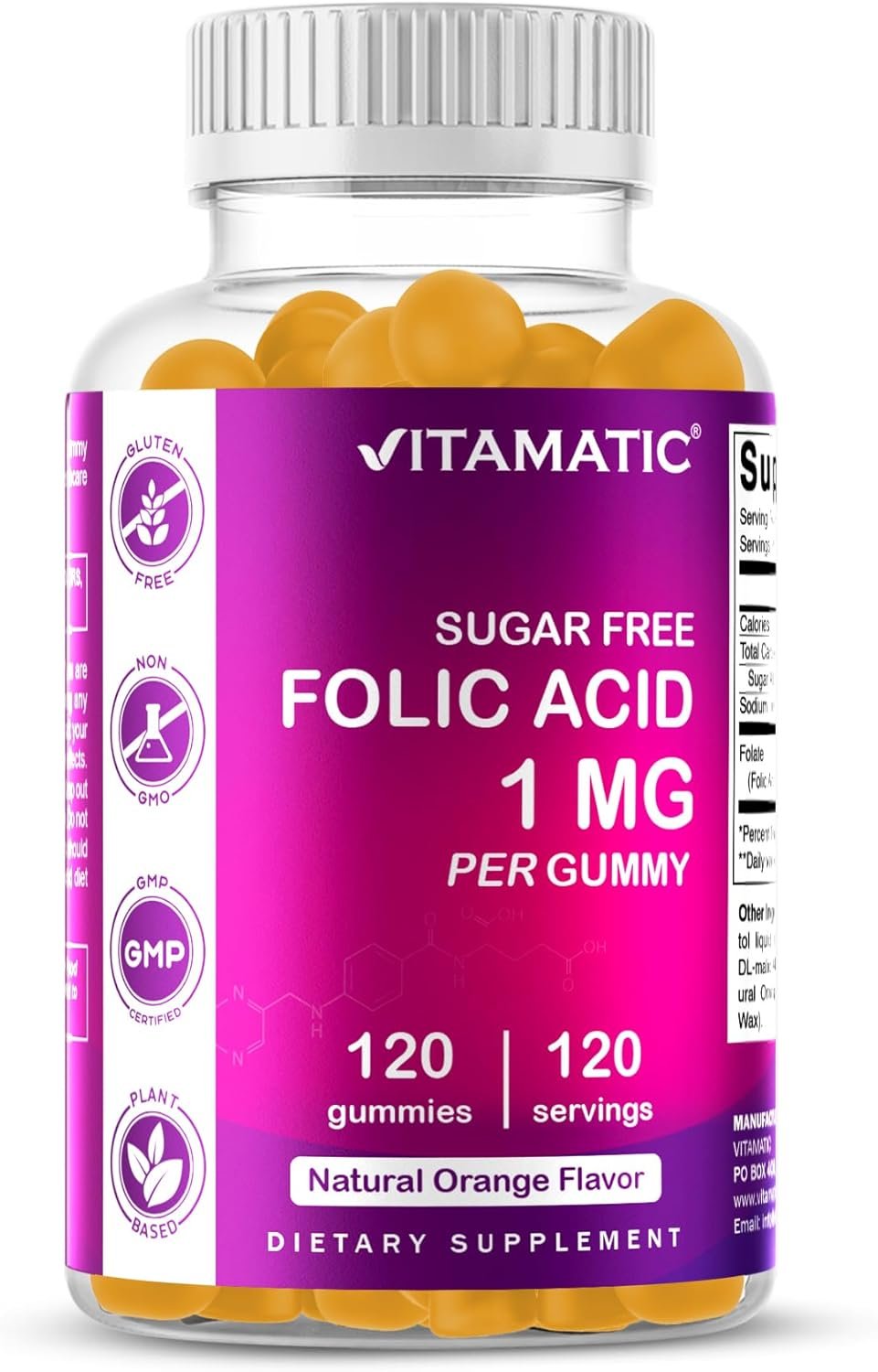 Vitamatic Folic Acid Gummies 1000 mcg (1 mg) – an Essential Prenatal Vitamins for Mom & Baby – Vitamin B9-120 Vegan Gummies (1)