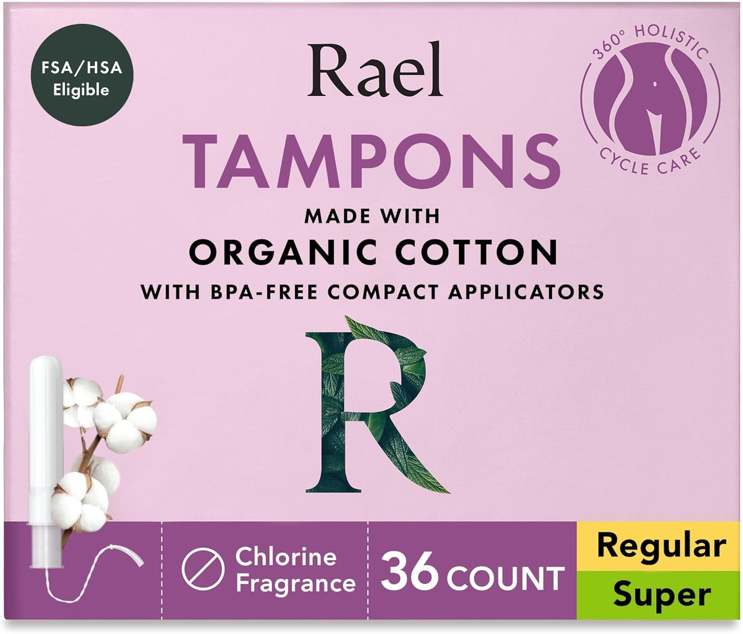 Rael Tampons, Compact Applicator Tampon Made with Organic Cotton, Multipack, Regular and Super Absorbency, BPA-Free, Chlorine-Free, Leak Locker Technology (36 Count, Bundle)