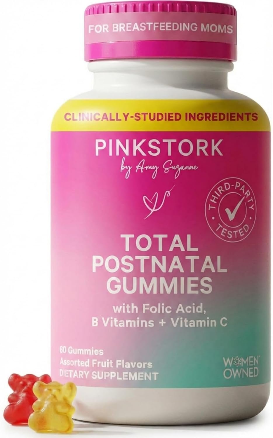 Pink Stork Total Postnatal Vitamin Gummies – Multivitamin for Postpartum Recovery and Lactation Support – Folic Acid, B6, and Vitamin C – Postpartum Essentials – 60 Gummy Vitamins