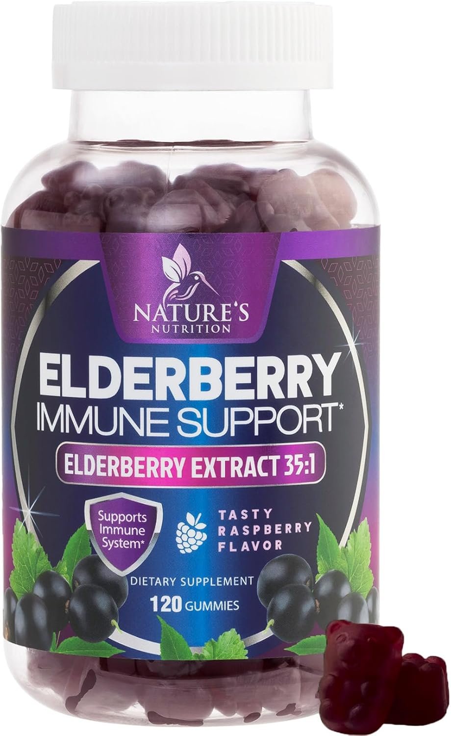 Elderberry Immune Support Gummies – Elderberry Extract Sambucus Nigra – Black Elder Berry Vitamin Supplement – Natural, Daily Immune Support Kids & Adults Love – Delicious Berry Flavor – 120 Gummies