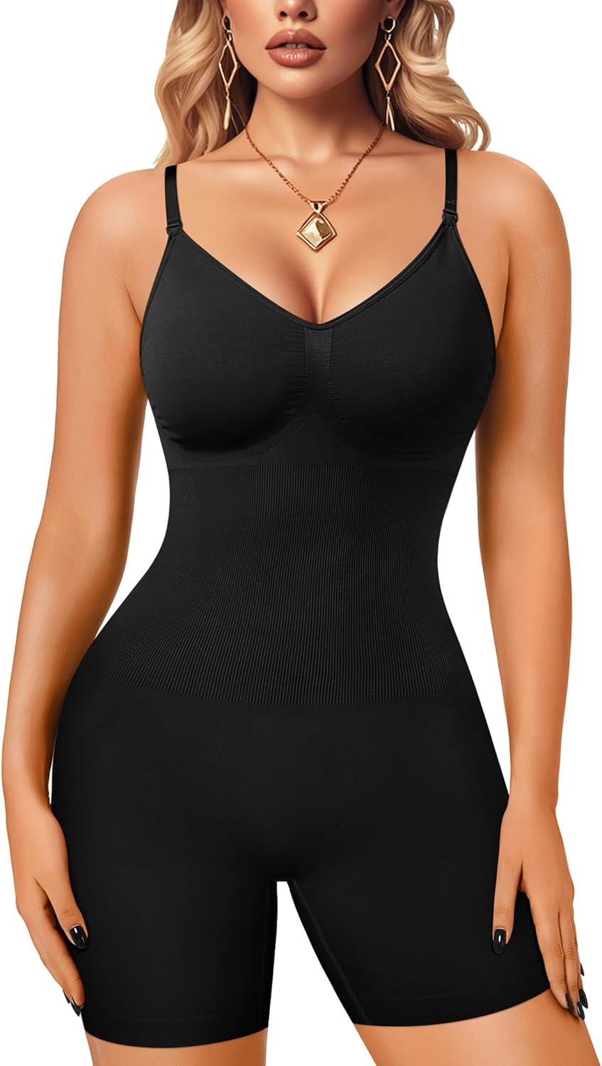 Irisnaya Women Slimming Bodysuits Shapewear Tops Tummy Control Body Shaper Spaghetti Strap Camisole Leotards Bodycon Jumpsuit