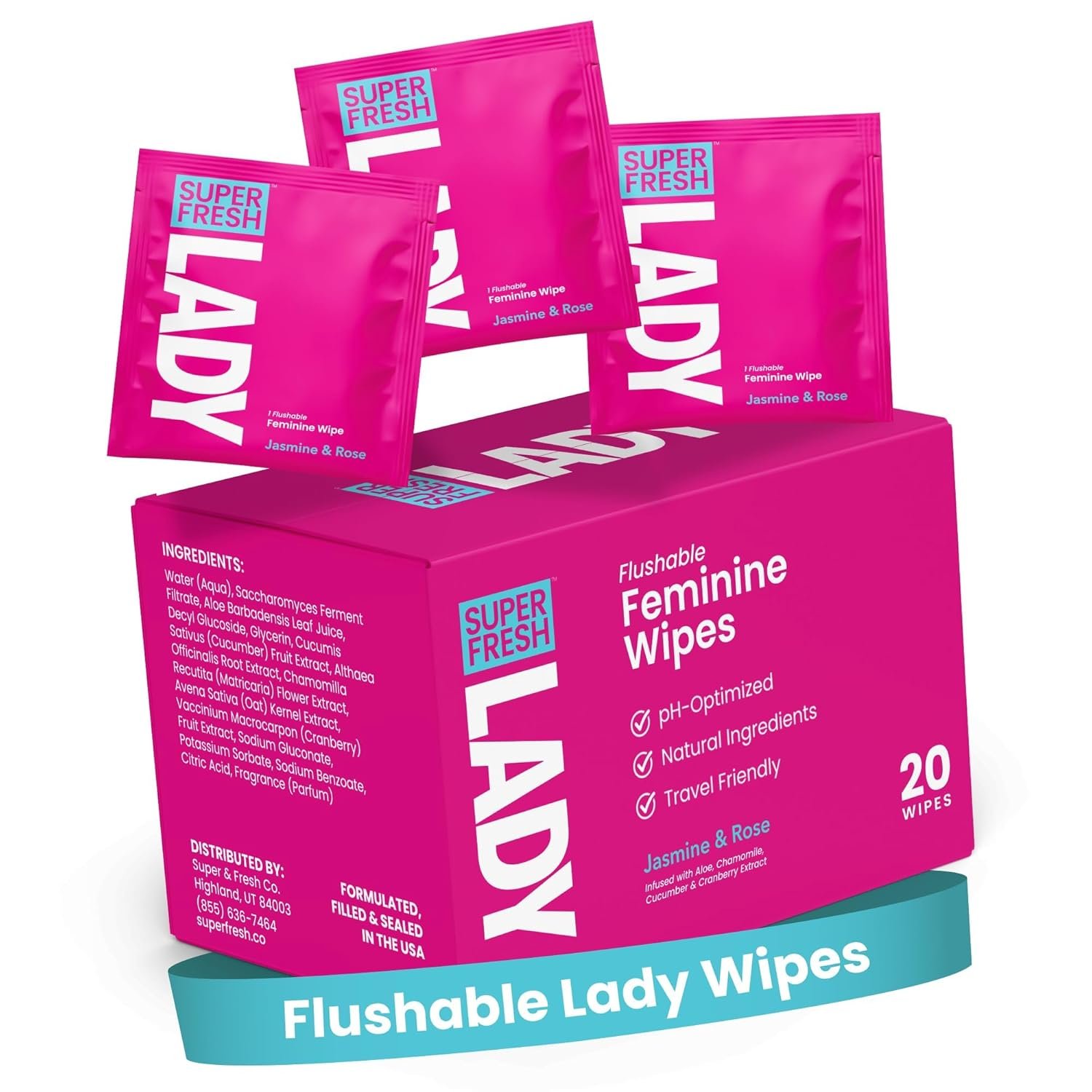 Super Fresh Lady Parts Feminine Wipes Flushable pH Balanced Wet Wipes for Women Safe for Privates Body Booty and Face Perfect for Travel Daily Intimate Hygiene Stay Fresh Anywhere Pack of 20 Wipes
