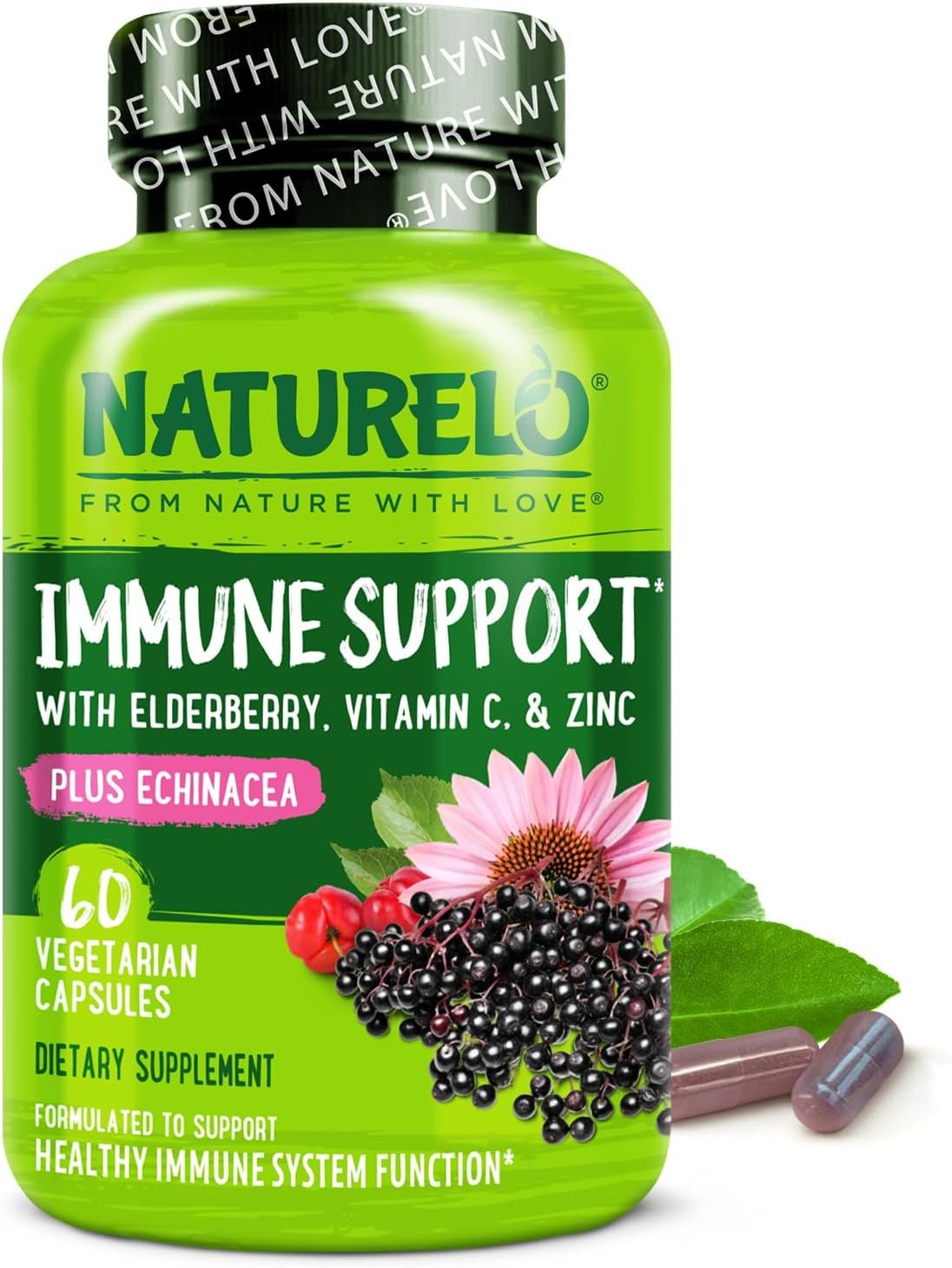 NATURELO Immune Support – Vitamin C, Elderberry, Zinc, Echinacea – Natural Immunity Boost w/Antioxidant, Herbal & Mineral Defense – 60 Vegan Capsules