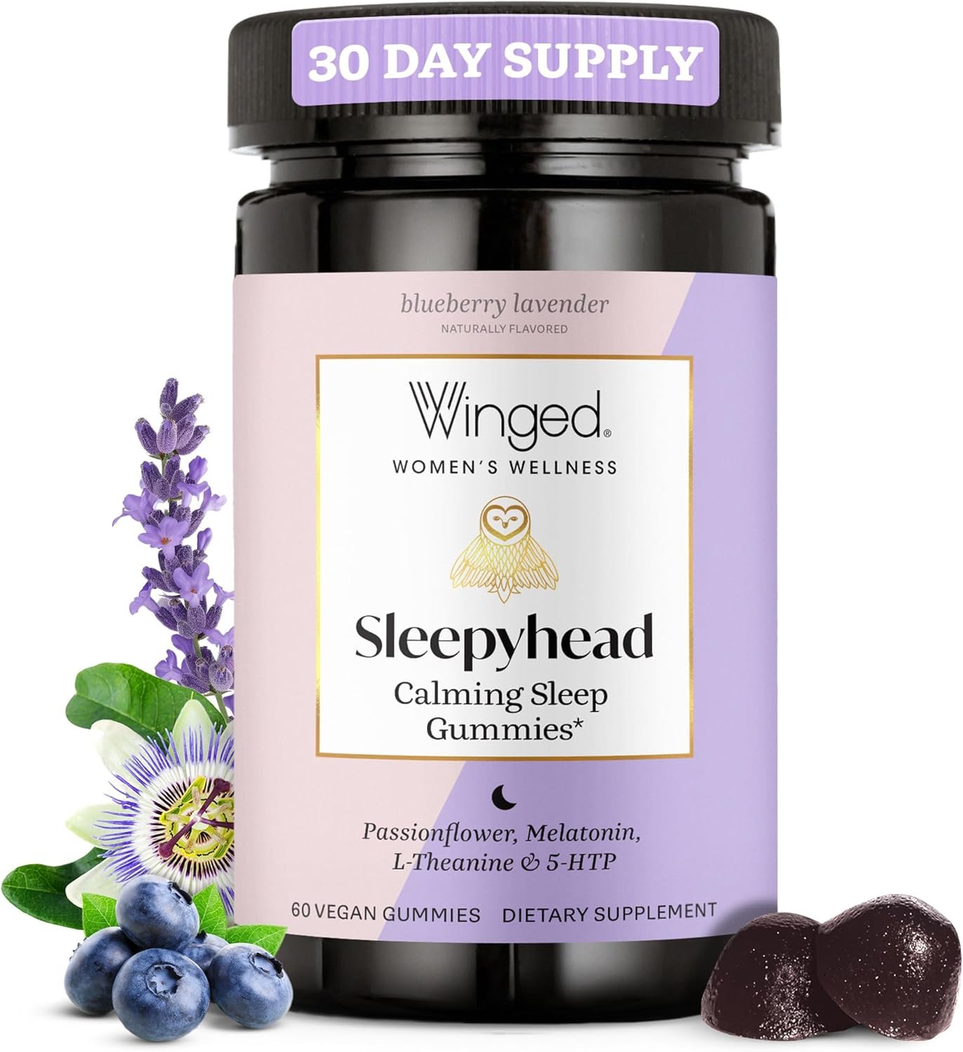 Winged Wellness Sleepyhead Natural Sleep Gummies for Women – Prime Sleep Support Aid for Adults with 3mg Melatonin, L-Theanine, 5-HTP – Blueberry Lavender Flavored – 30 Servings