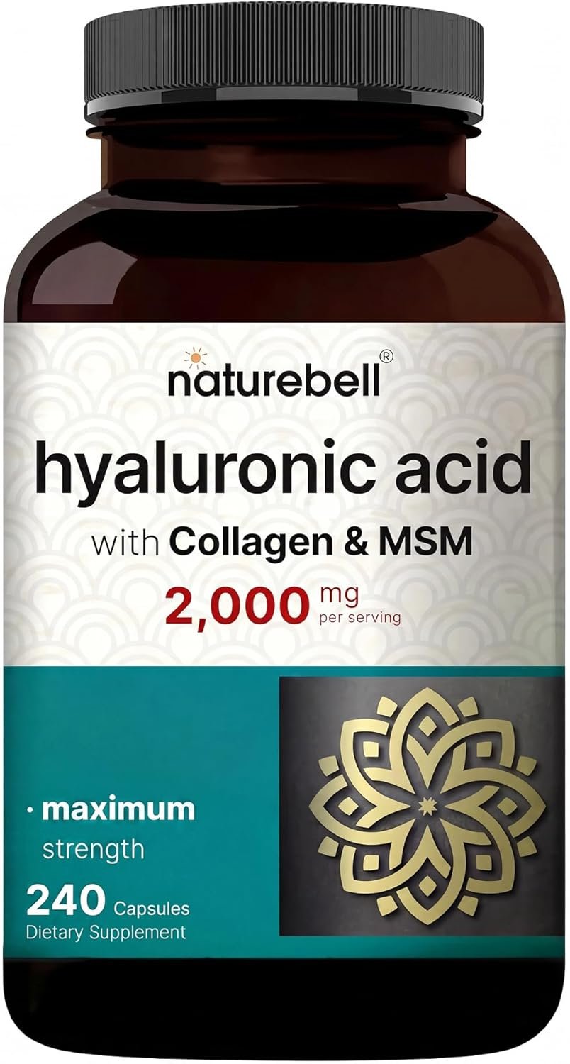 NatureBell Hyaluronic Acid 2,000mg with Collagen & MSM – 240 Capsules – Skin Hydration, Hair, Nail & Joint Support – Water Soluble Formula for Easy Absorption* – Non-GMO & Gluten-Free